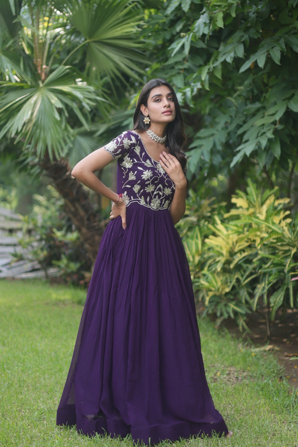 Captivating Purple Color Embroidered Work Long Gown