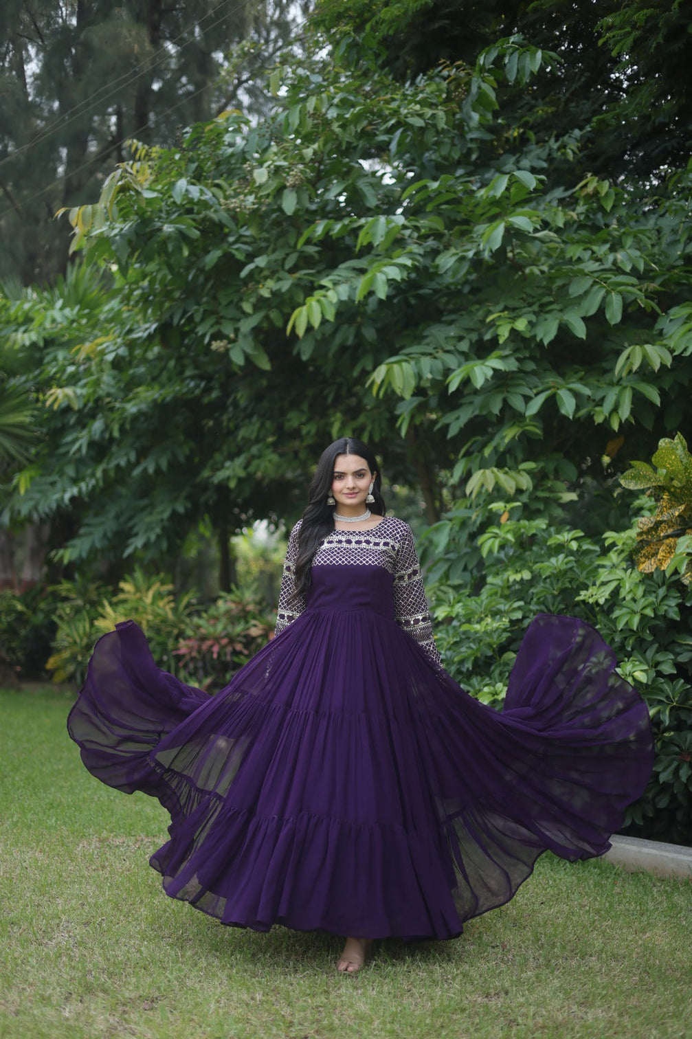Fantastic Purple Green Color Zari Work Gown
