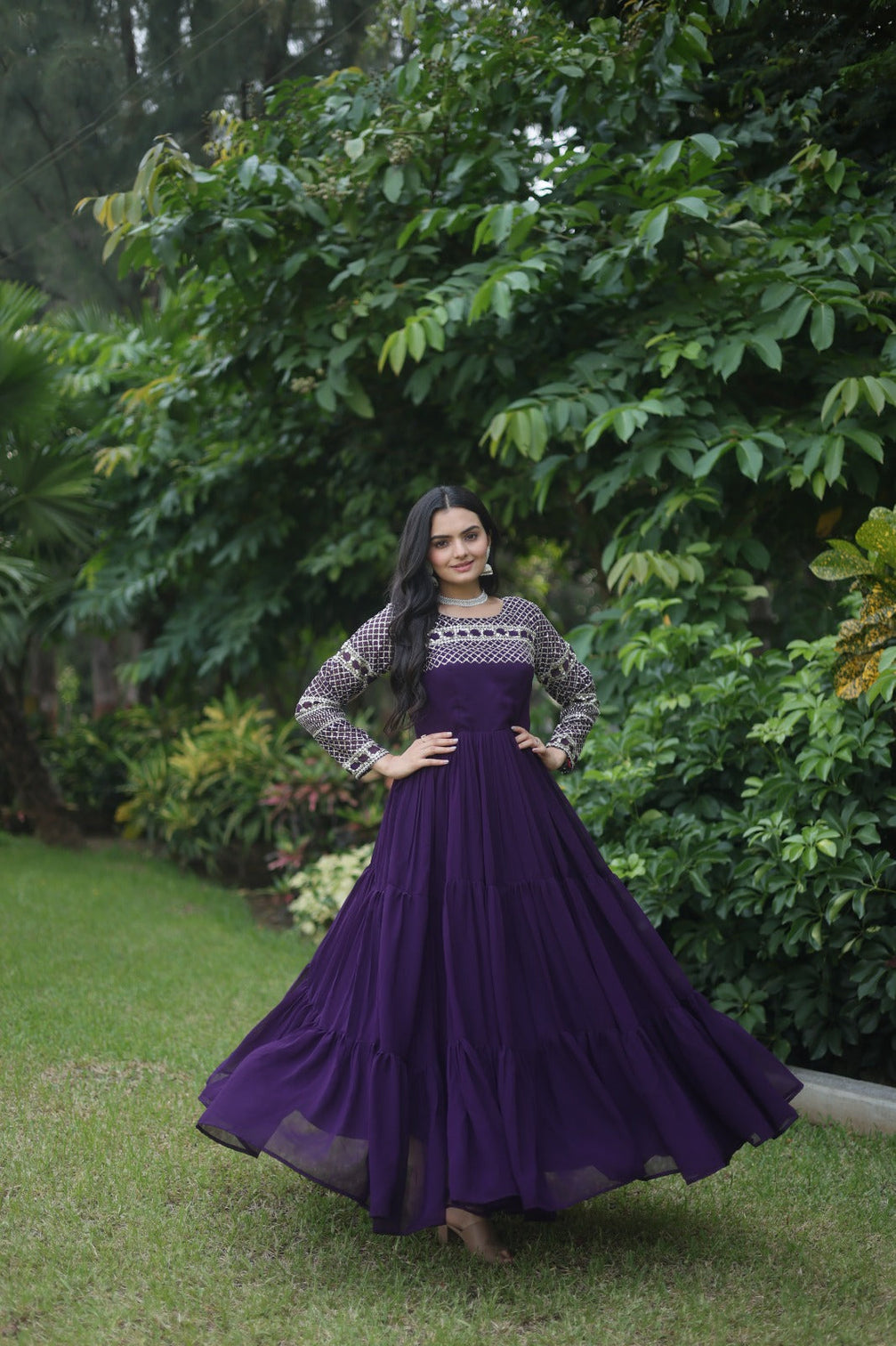 Fantastic Purple Green Color Zari Work Gown