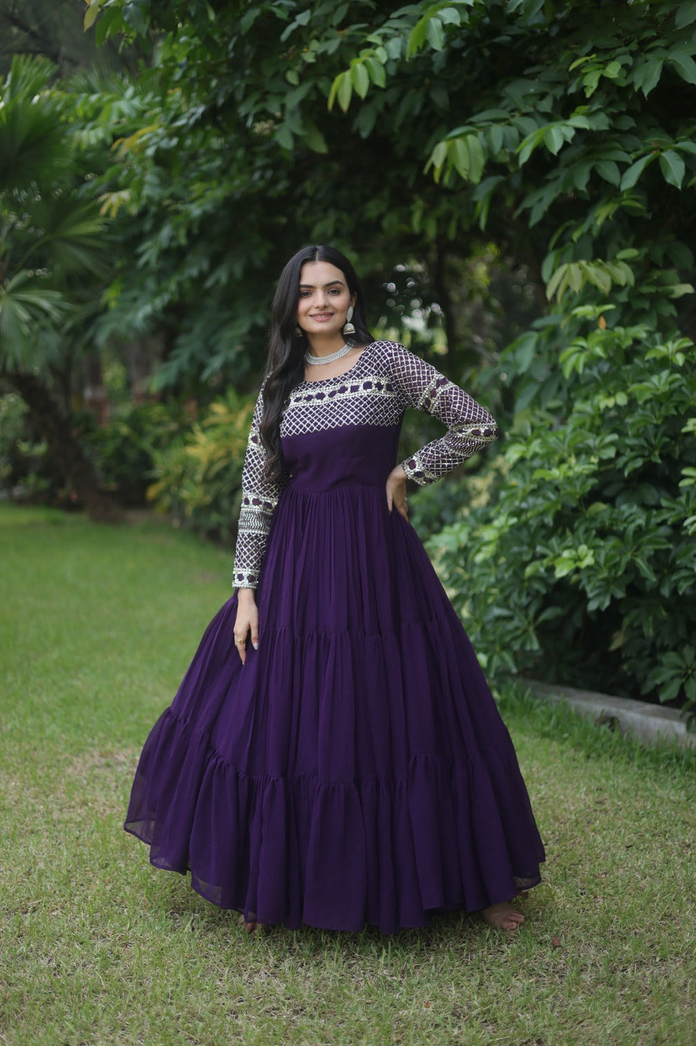 Fantastic Purple Green Color Zari Work Gown