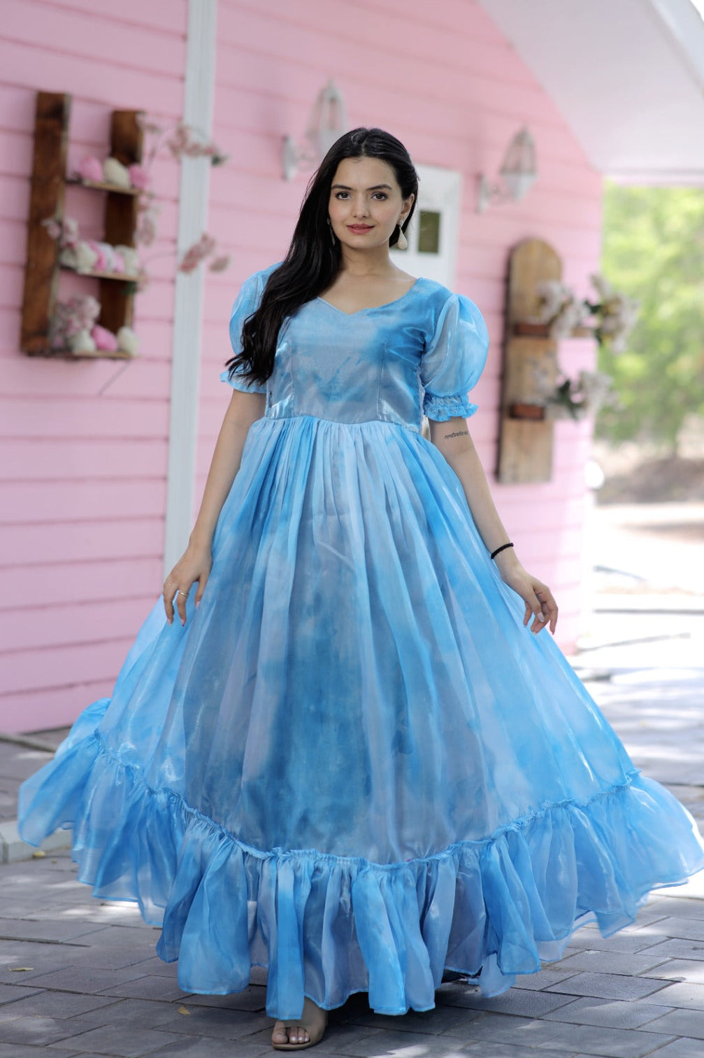 Trendy Jimmy Silk With Rich Multi Print Work Sky Blue Gown
