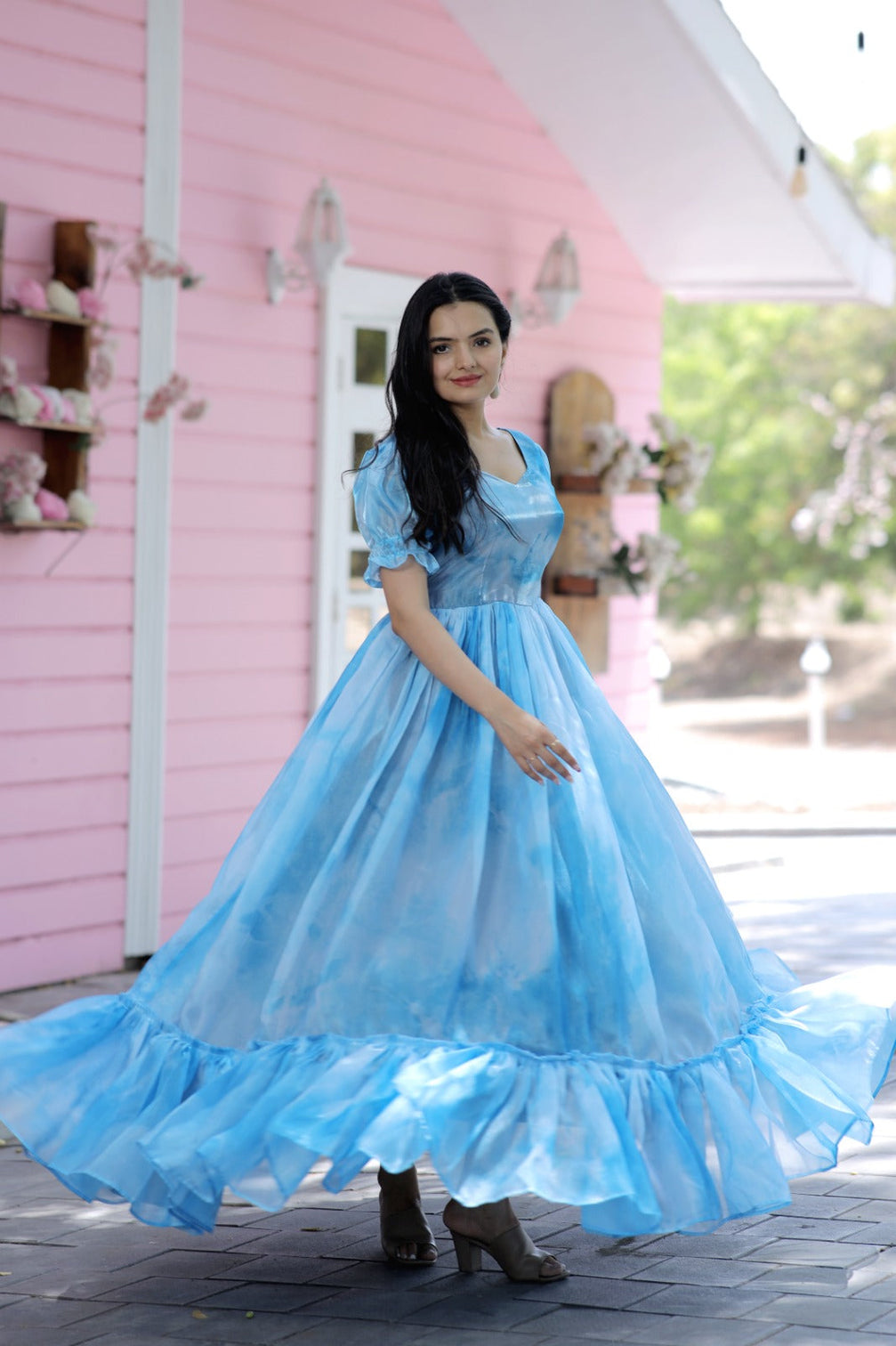 Trendy Jimmy Silk With Rich Multi Print Work Sky Blue Gown
