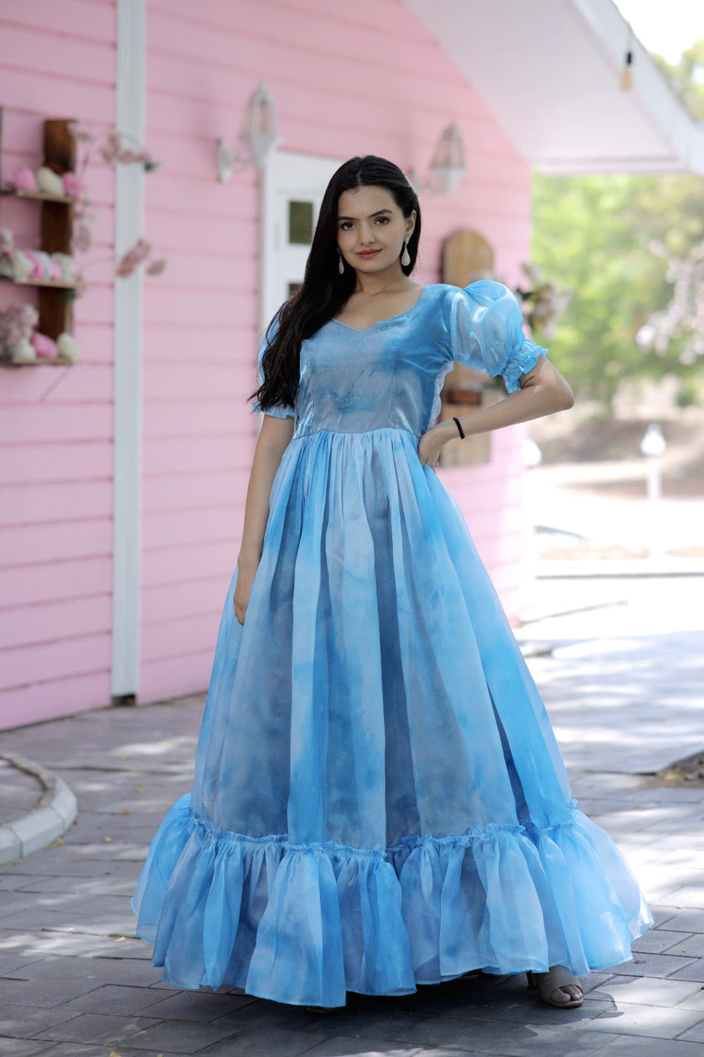 Trendy Jimmy Silk With Rich Multi Print Work Sky Blue Gown