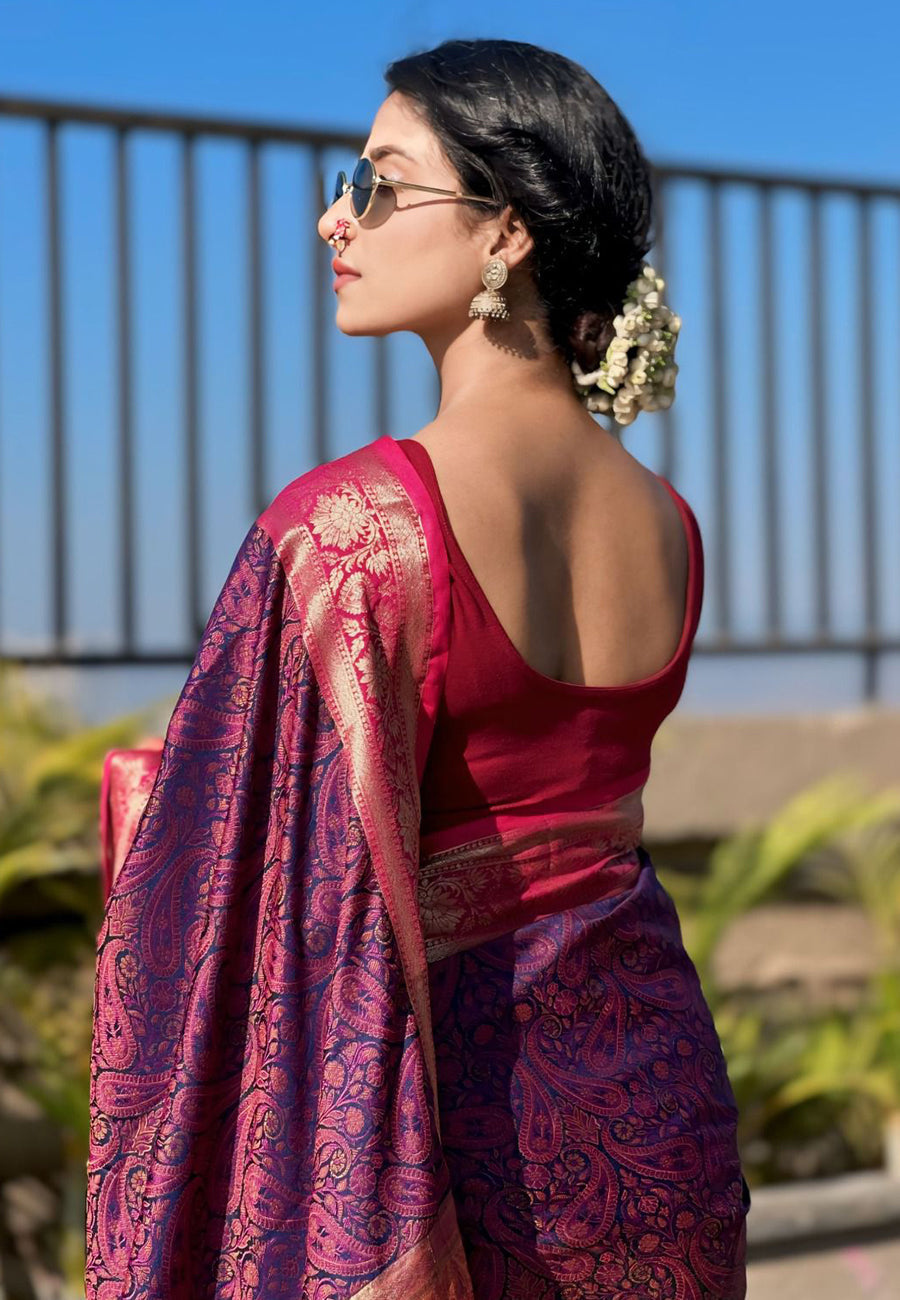 Navy blue soft kashmiri silk zari woven contrast saree