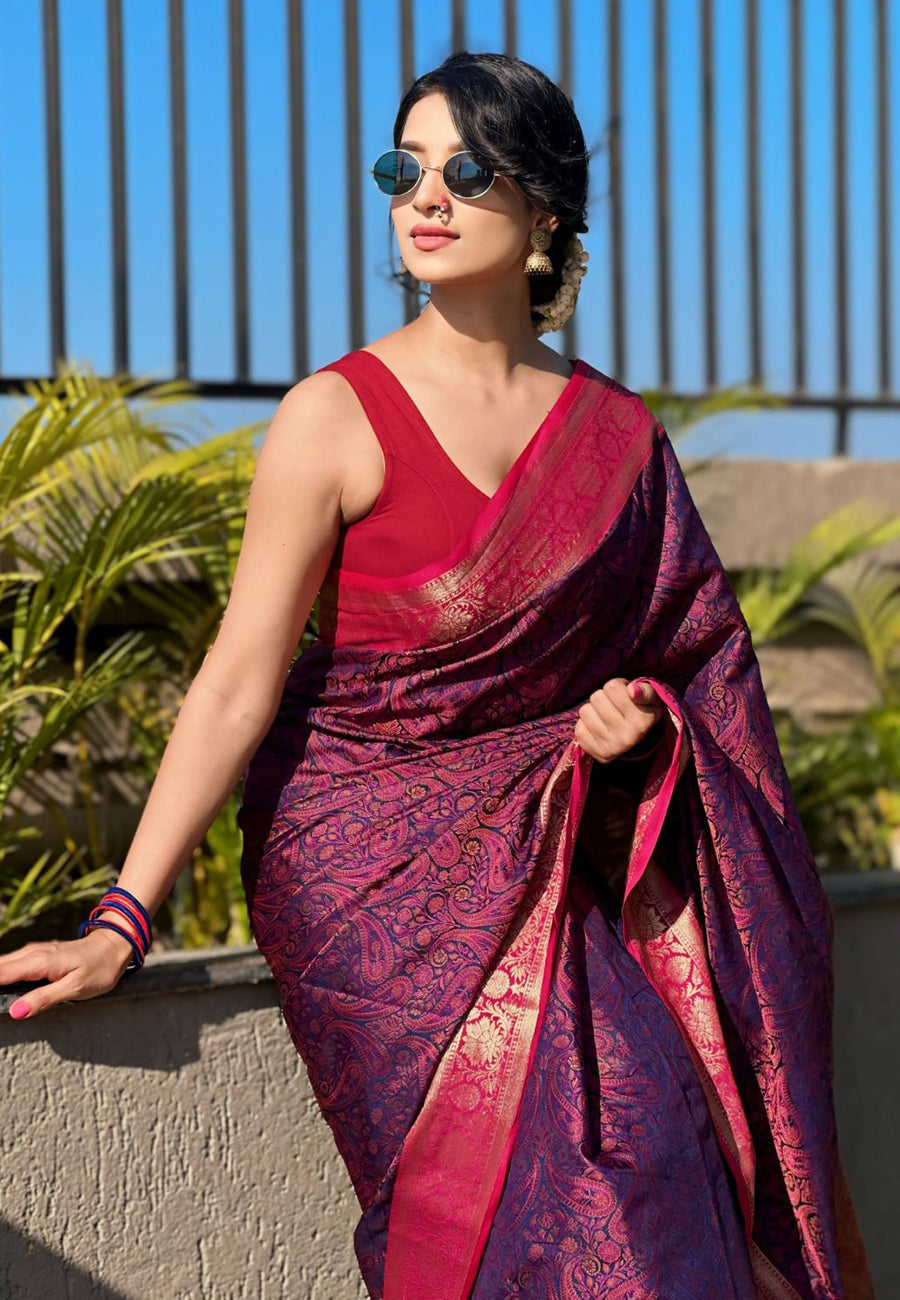 Navy blue soft kashmiri silk zari woven contrast saree