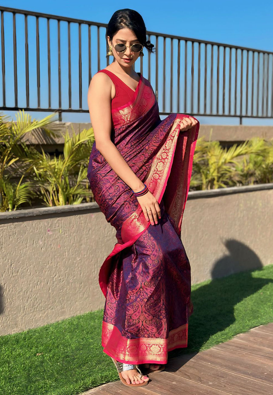 Navy blue soft kashmiri silk zari woven contrast saree
