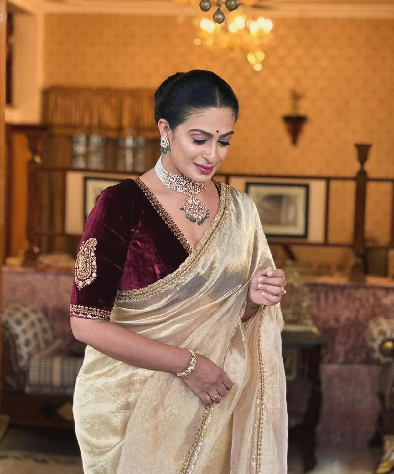 Luxurious Crush Tissue Silk Saree with Gold Zari & Fancy Lace