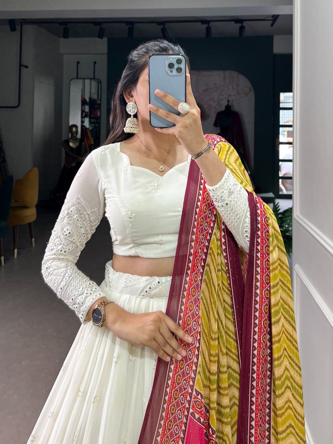 White Lucknowi Paper Mirror Work Lehenga Choli Set - Georgette & Chinon