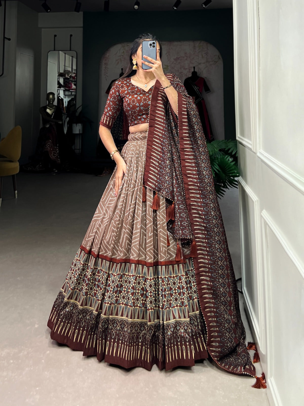 Elegant Bandhej And Ajrakh Printed Silk Lehenga Choli