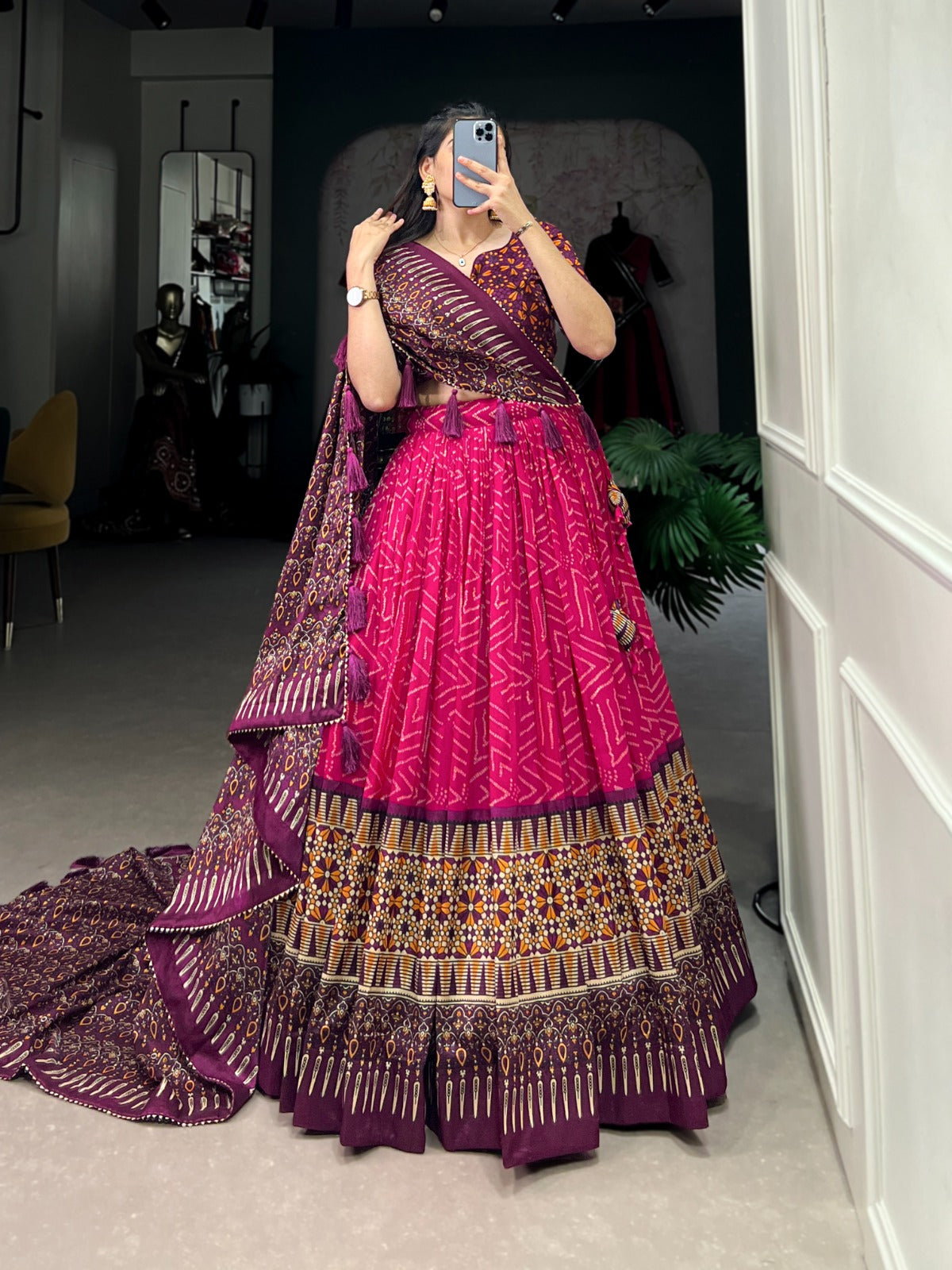 Elegant Bandhej And Ajrakh Printed Silk Lehenga Choli