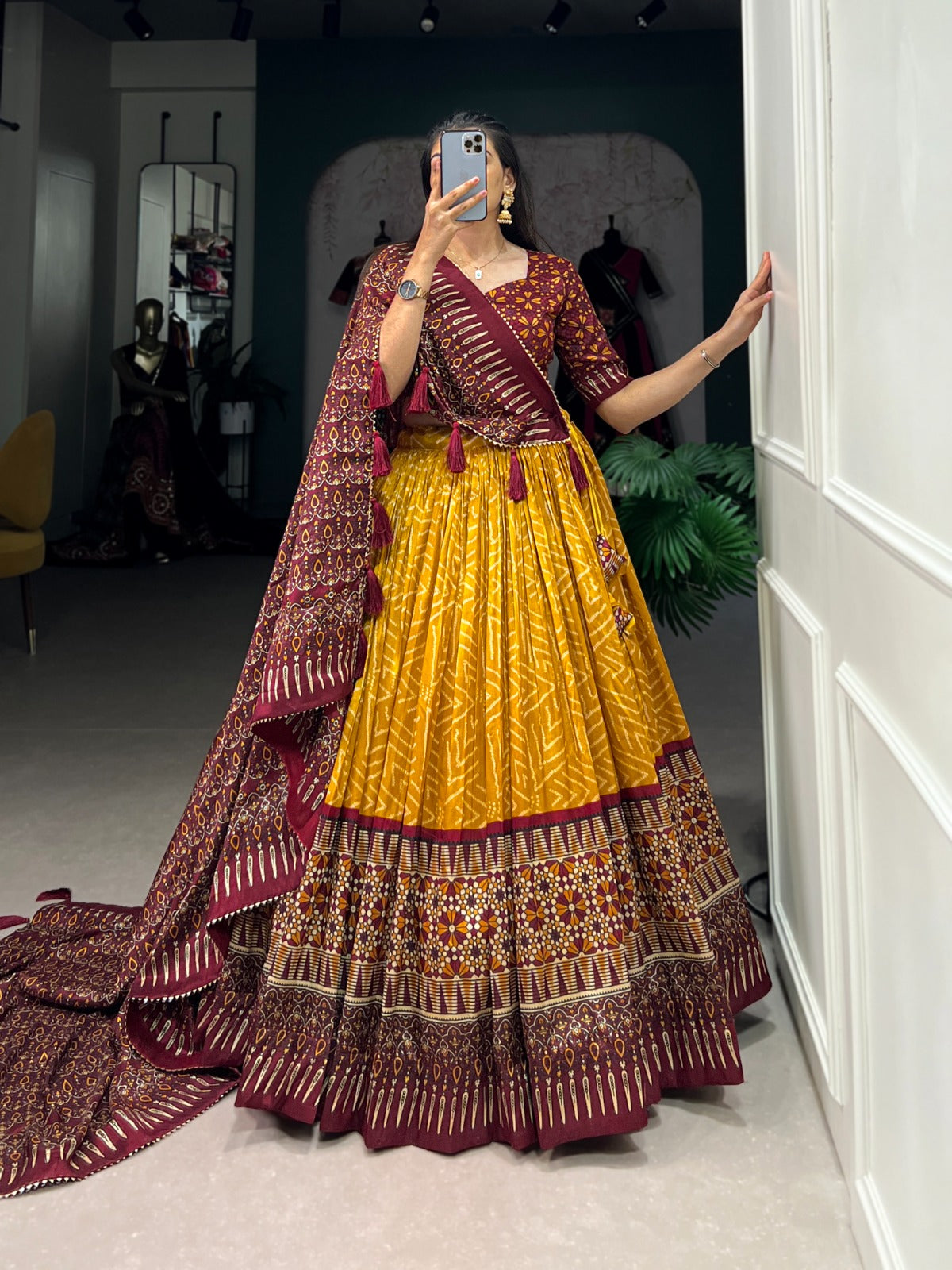 Elegant Bandhej And Ajrakh Printed Silk Lehenga Choli