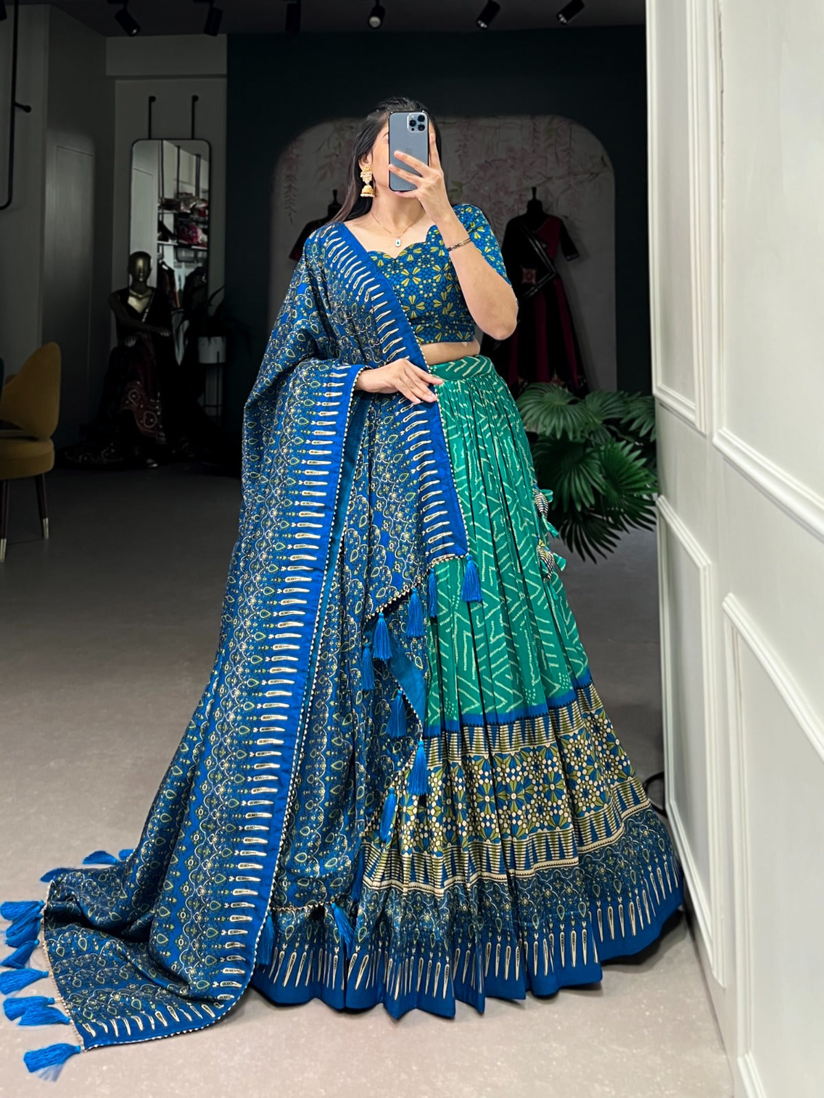 Elegant Bandhej And Ajrakh Printed Silk Lehenga Choli