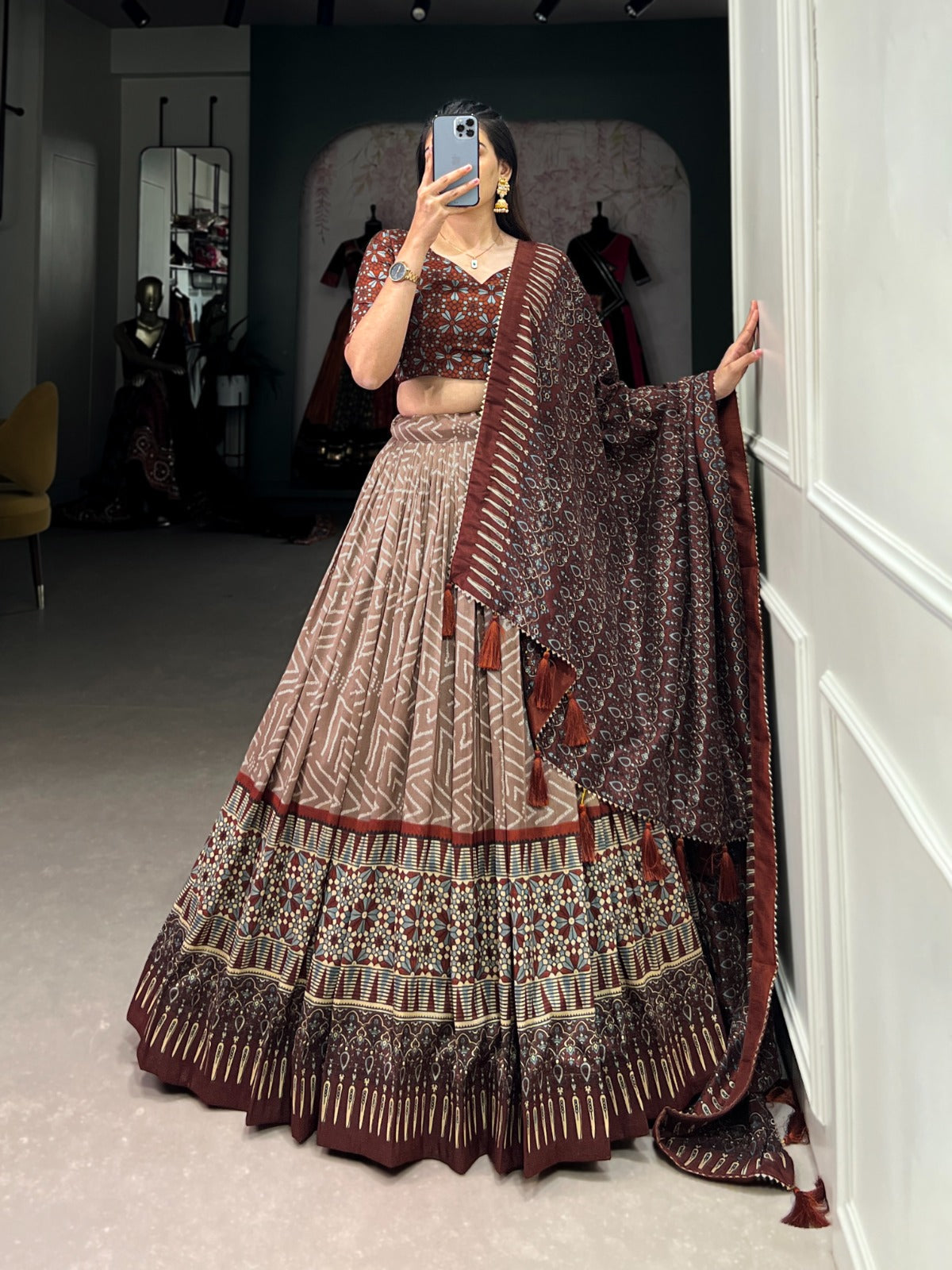 Elegant Bandhej And Ajrakh Printed Silk Lehenga Choli