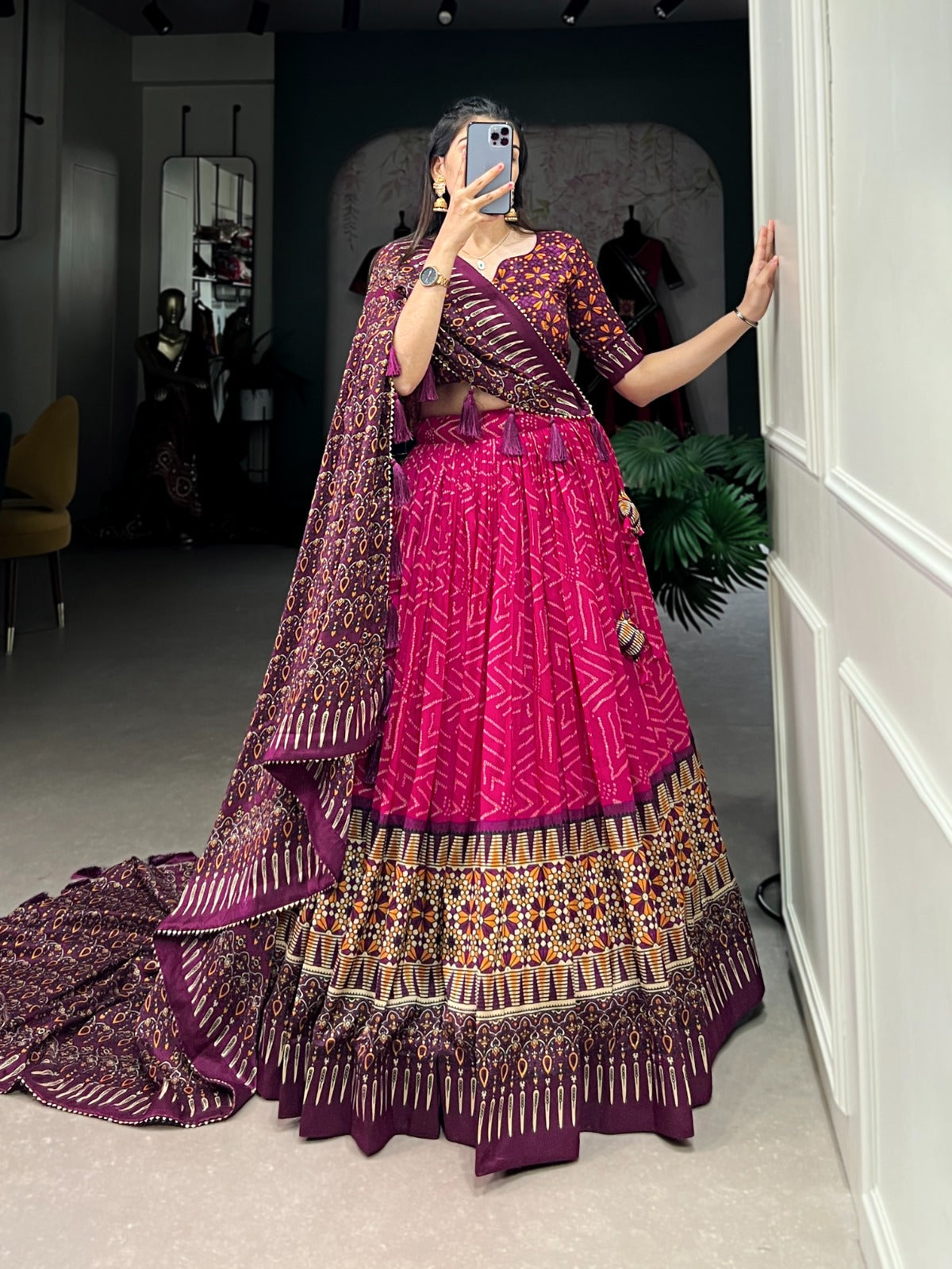 Elegant Bandhej And Ajrakh Printed Silk Lehenga Choli