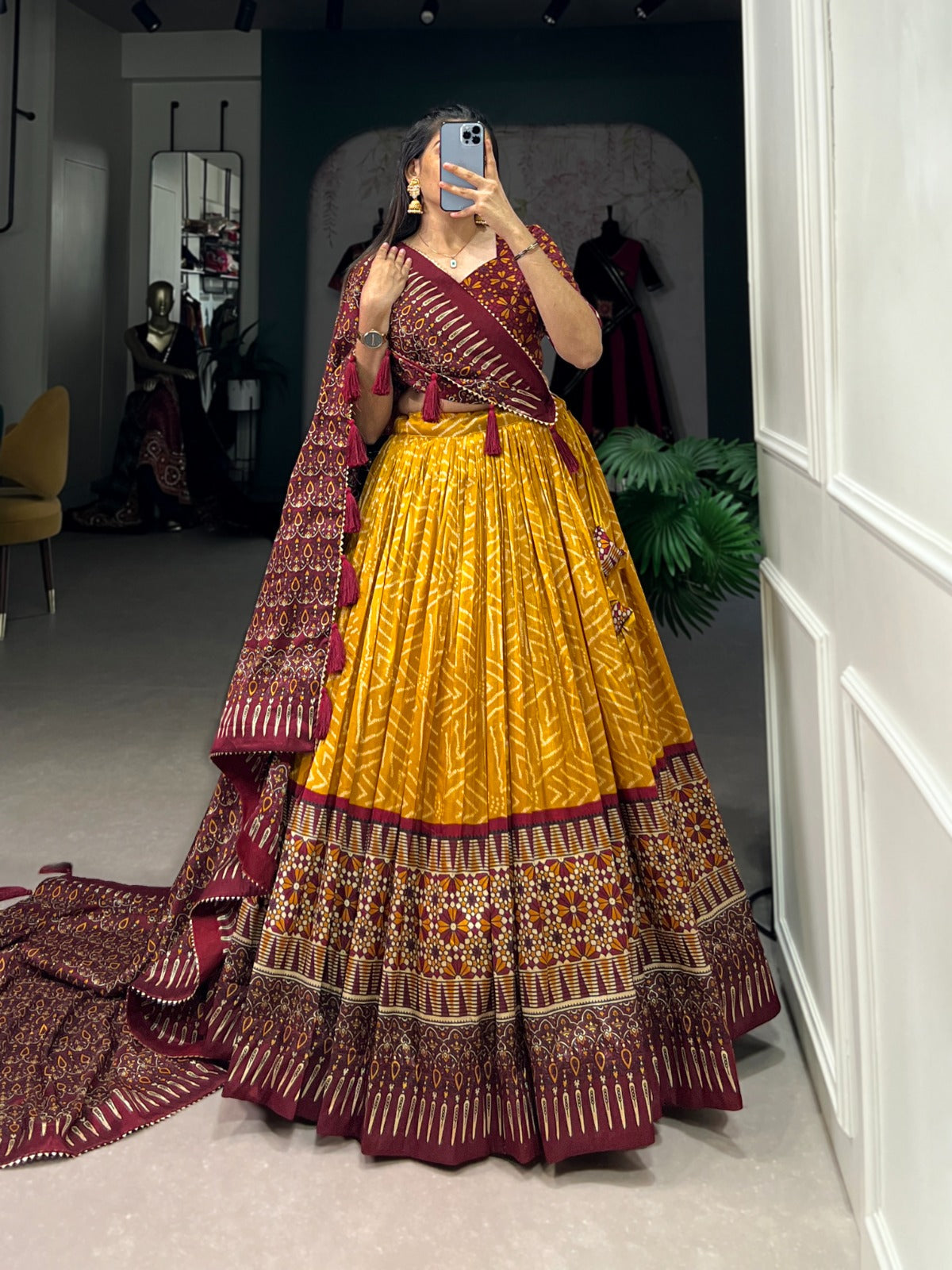 Elegant Bandhej And Ajrakh Printed Silk Lehenga Choli