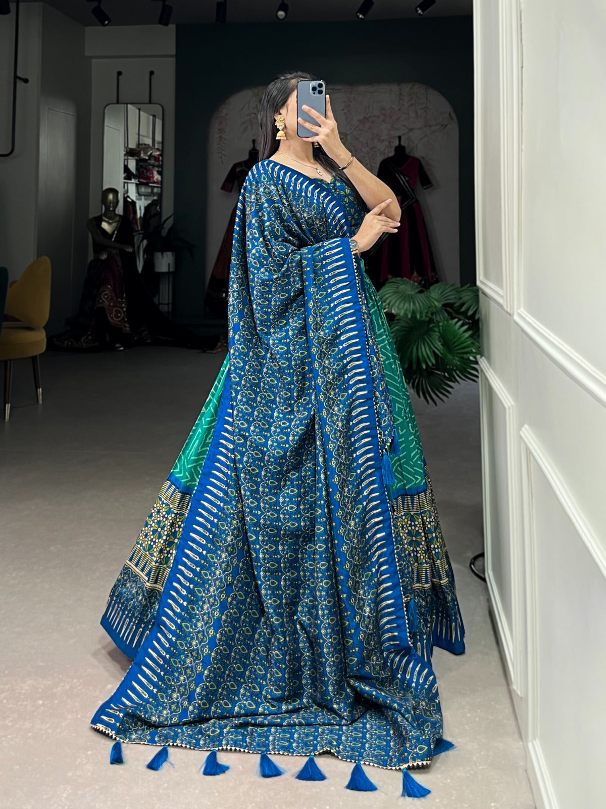 Elegant Bandhej And Ajrakh Printed Silk Lehenga Choli