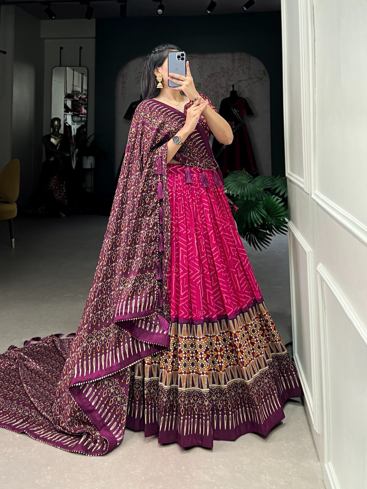 Elegant Bandhej And Ajrakh Printed Silk Lehenga Choli