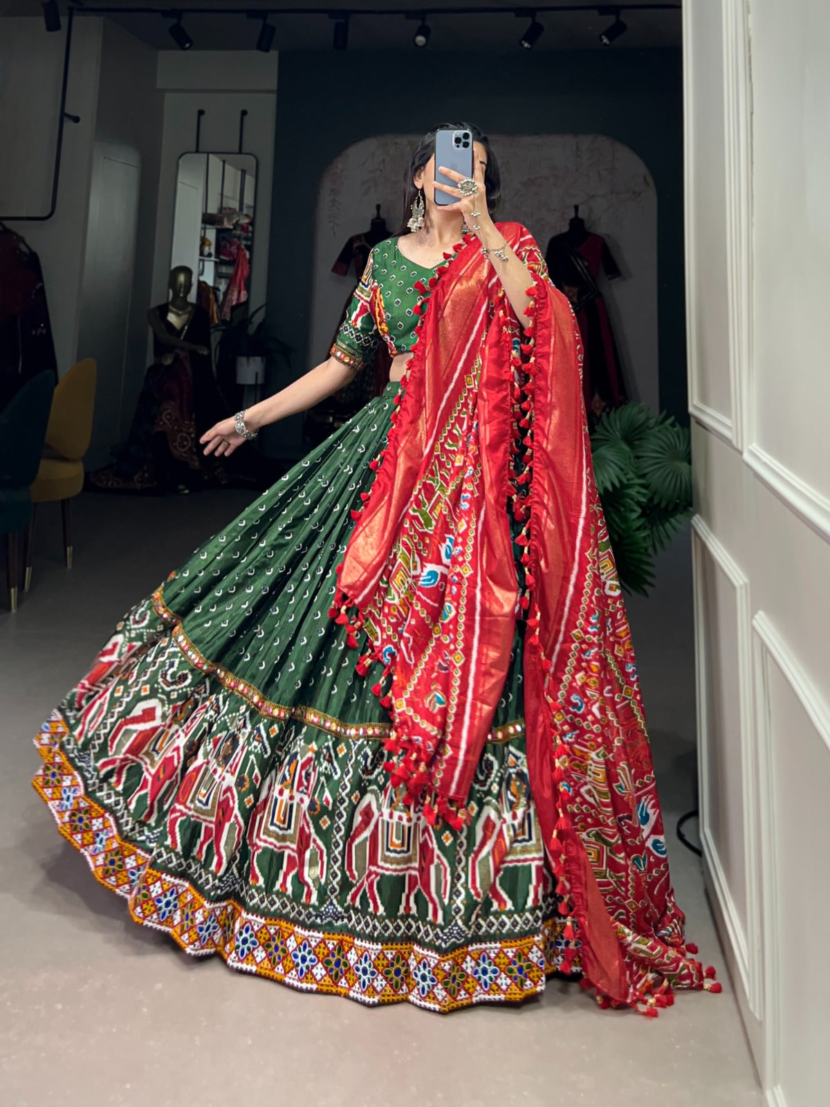 Traditional Gamthi Worked Silk Lehenga Choli For Navratri