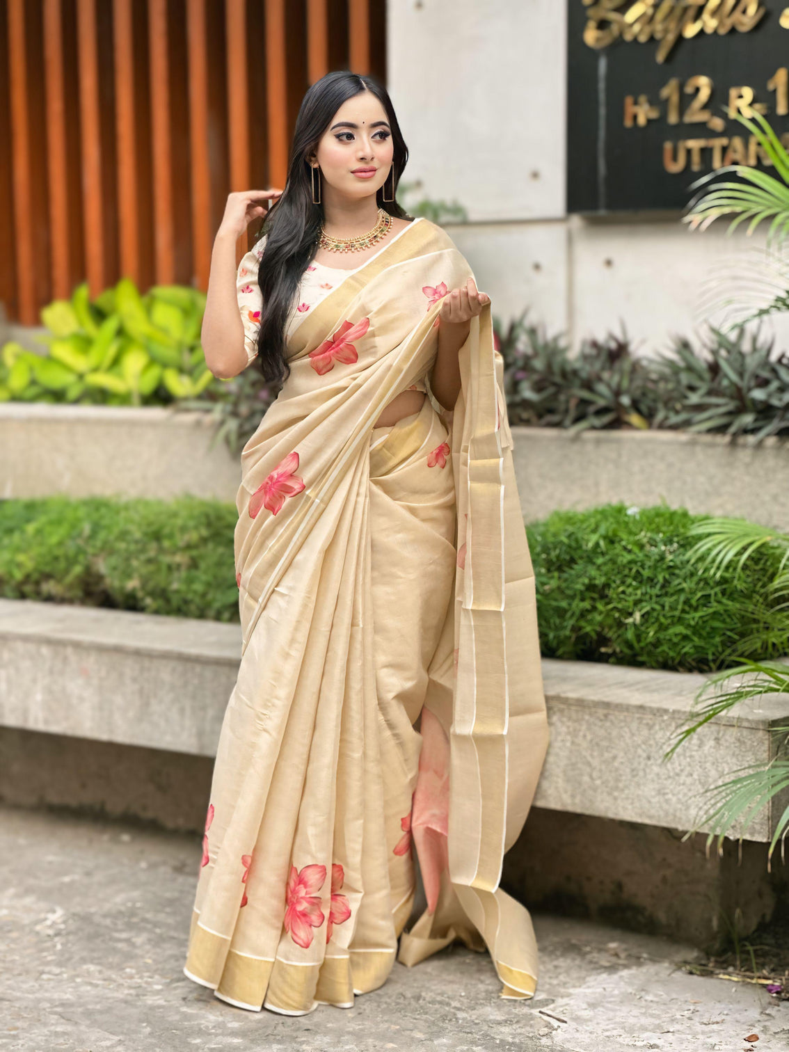 Elegant beige floral print gold tissue silk saree for women traditional indian attire with pink blossom design