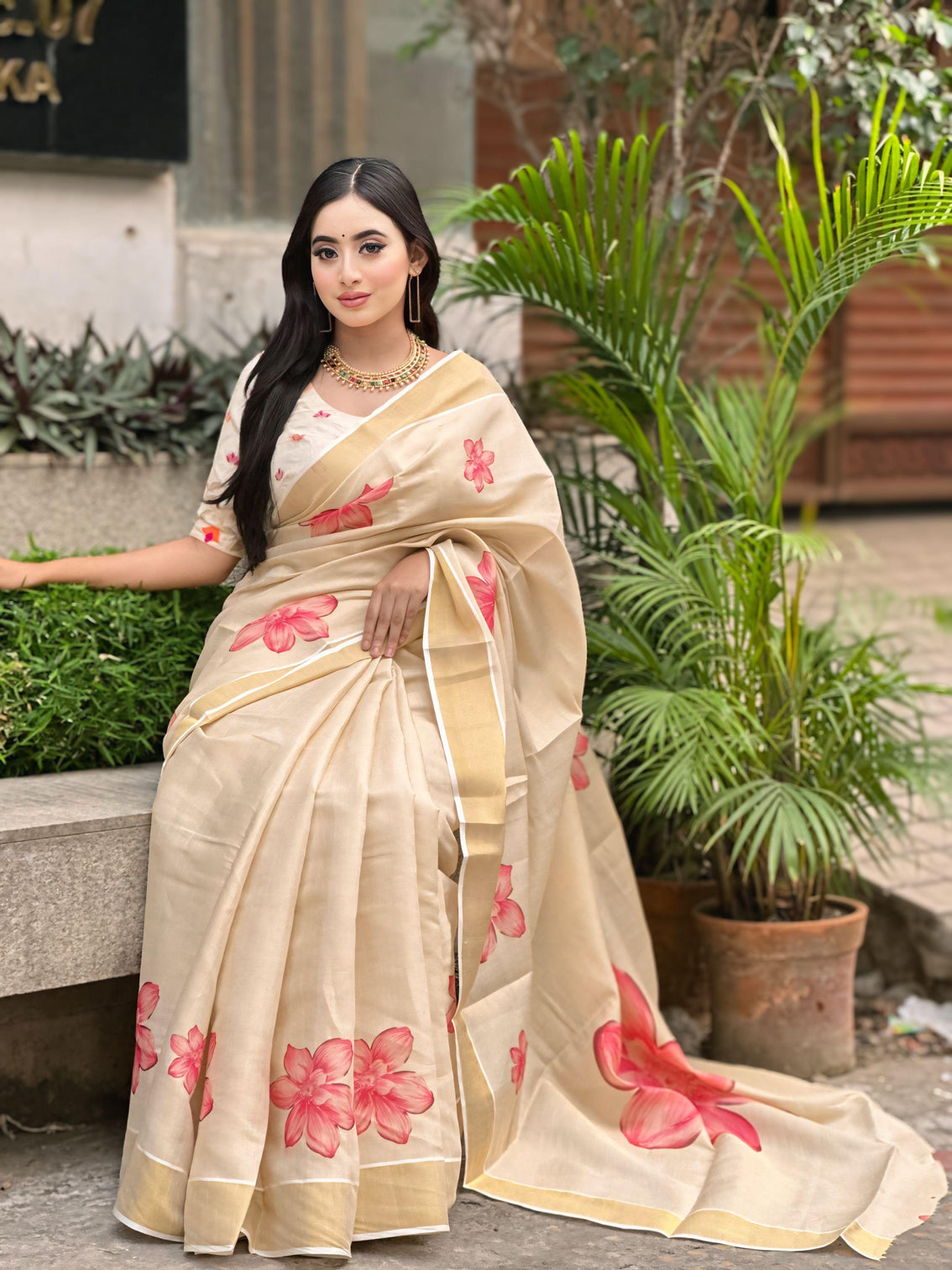 Elegant beige floral print gold tissue silk saree for women traditional indian attire with pink blossom design