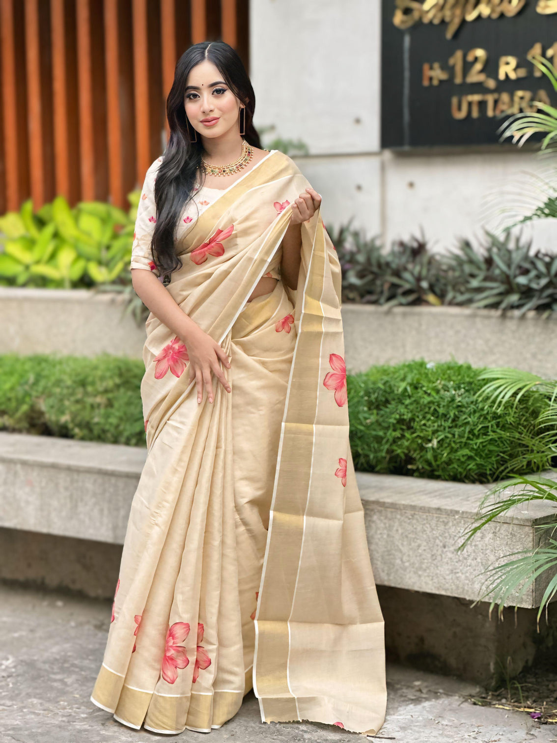 Elegant beige floral print gold tissue silk saree for women traditional indian attire with pink blossom design