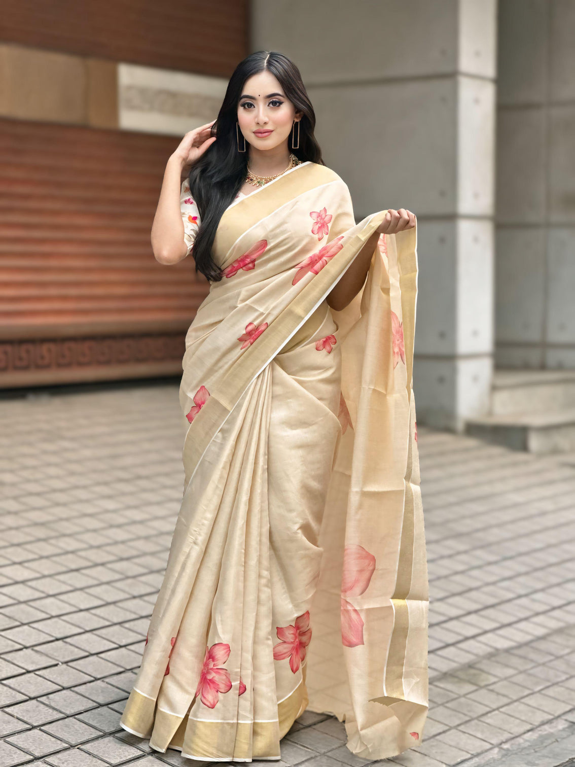 Elegant beige floral print gold tissue silk saree for women traditional indian attire with pink blossom design