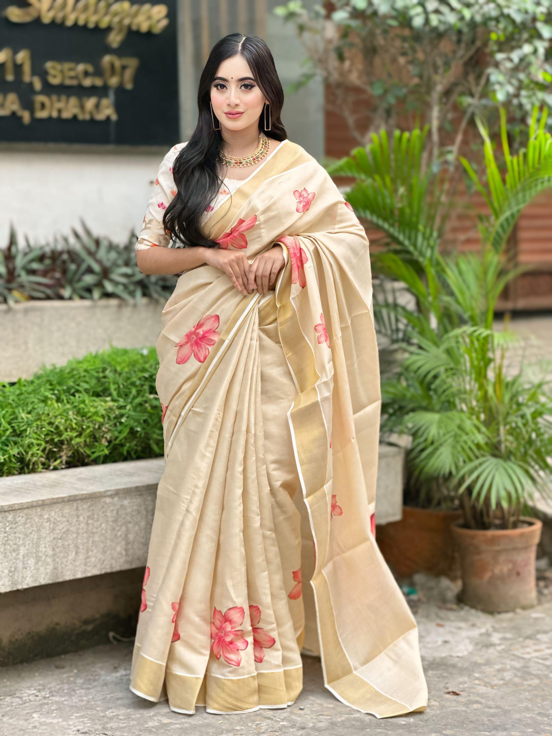 Elegant beige floral print gold tissue silk saree for women traditional indian attire with pink blossom design