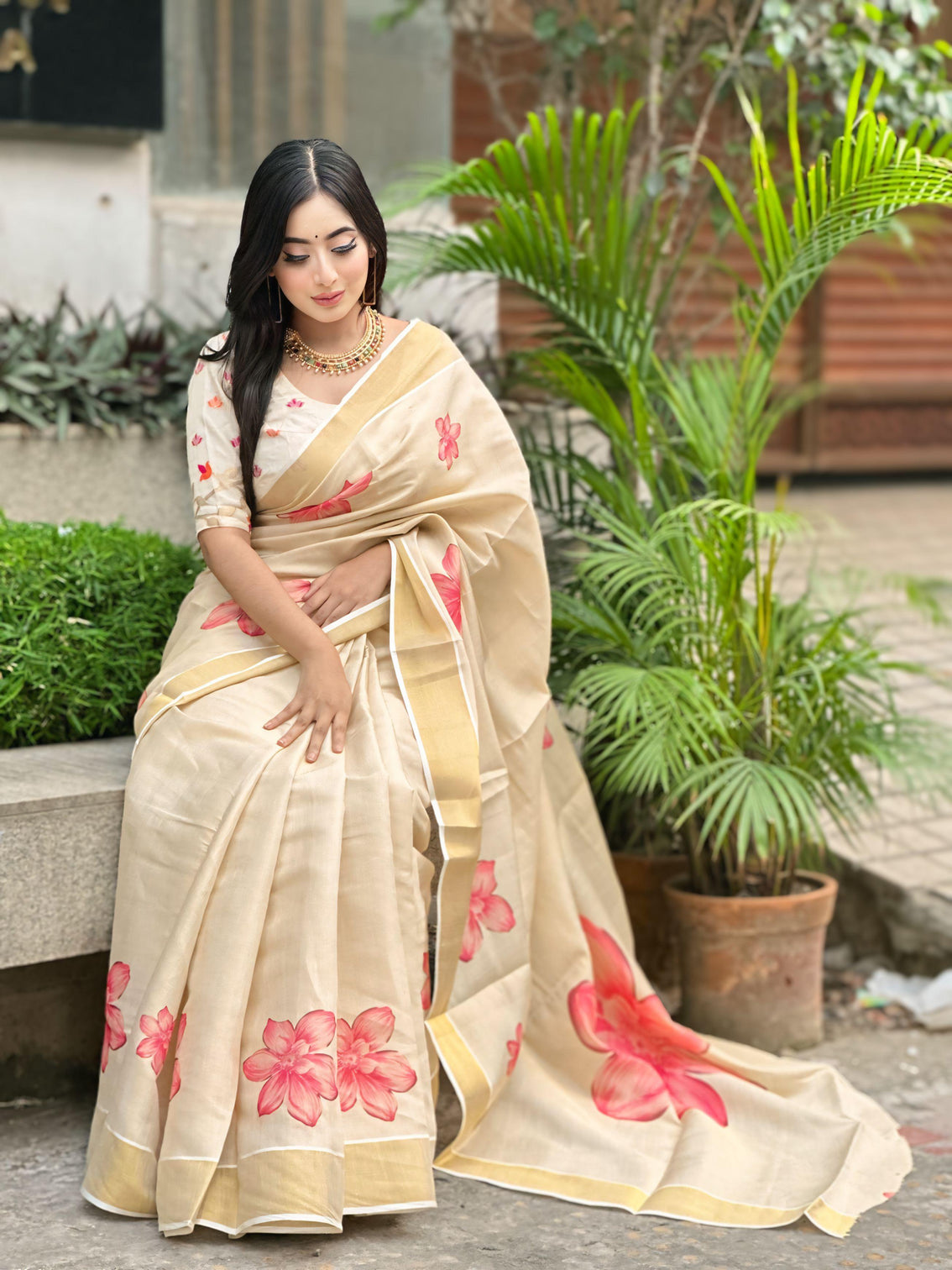 Elegant beige floral print gold tissue silk saree for women traditional indian attire with pink blossom design