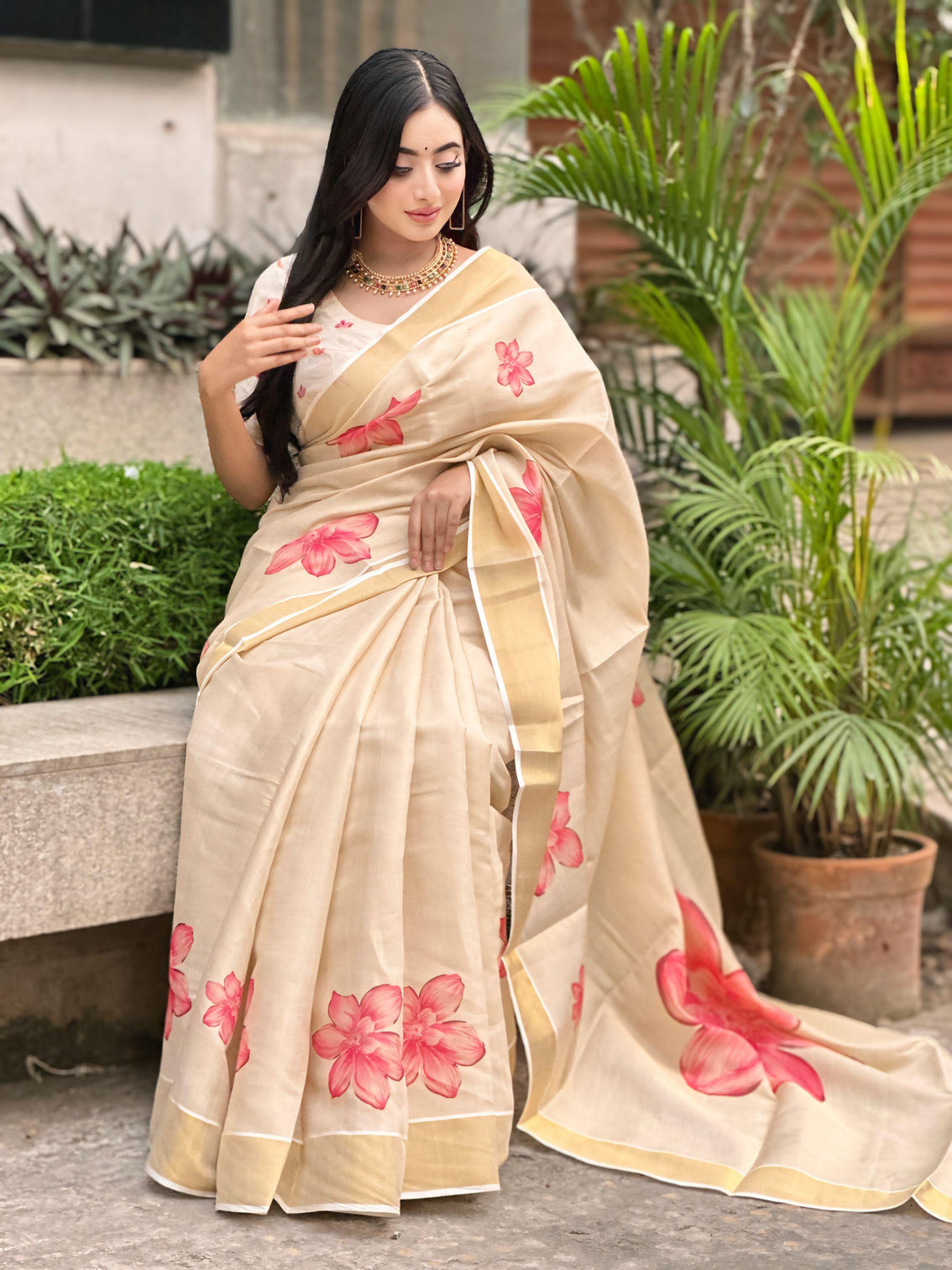 Elegant beige floral print gold tissue silk saree for women traditional indian attire with pink blossom design