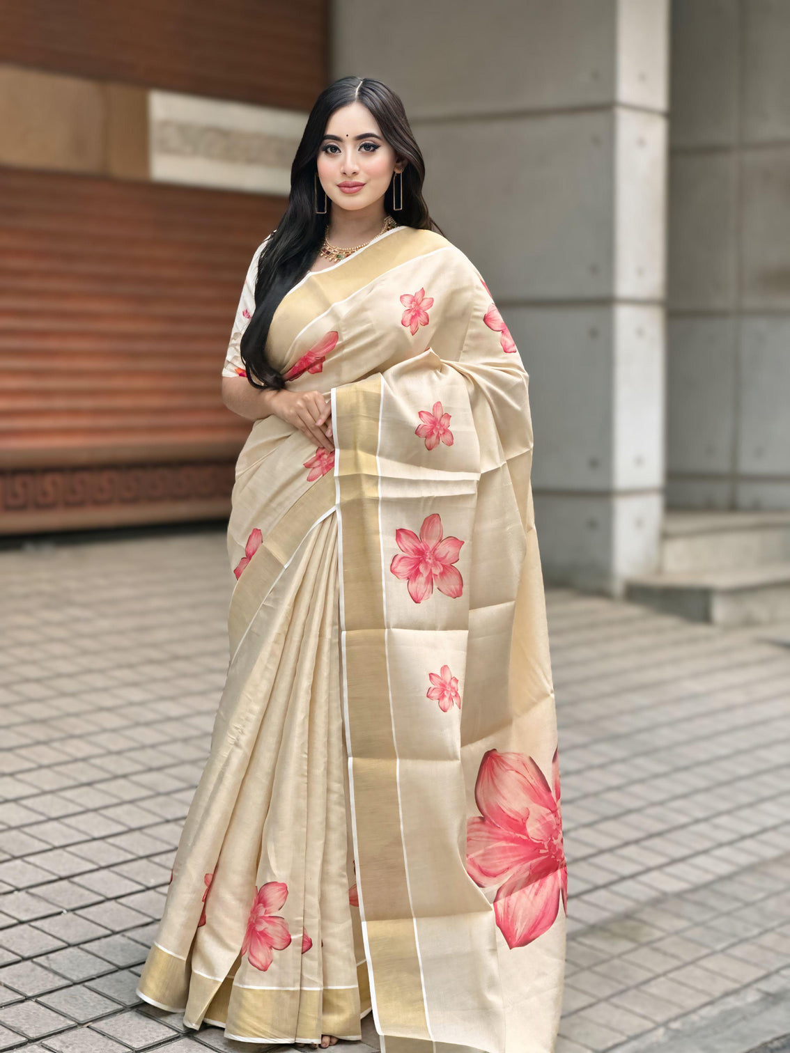 Elegant beige floral print gold tissue silk saree for women traditional indian attire with pink blossom design