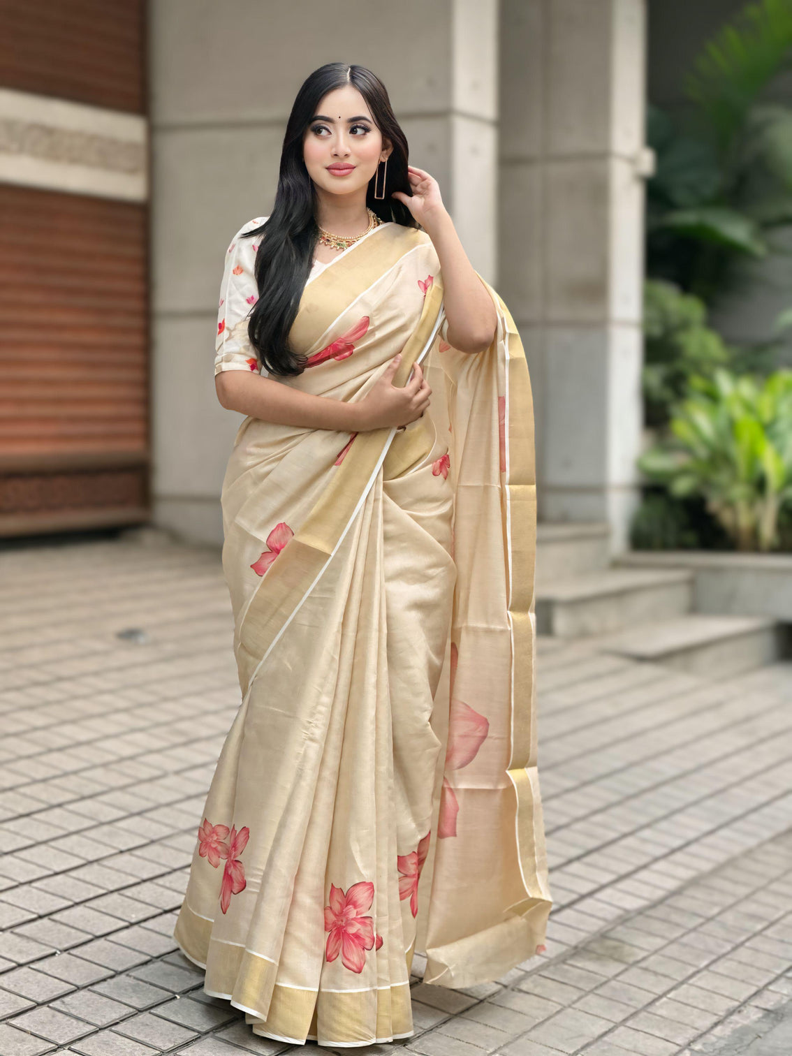 Elegant beige floral print gold tissue silk saree for women traditional indian attire with pink blossom design