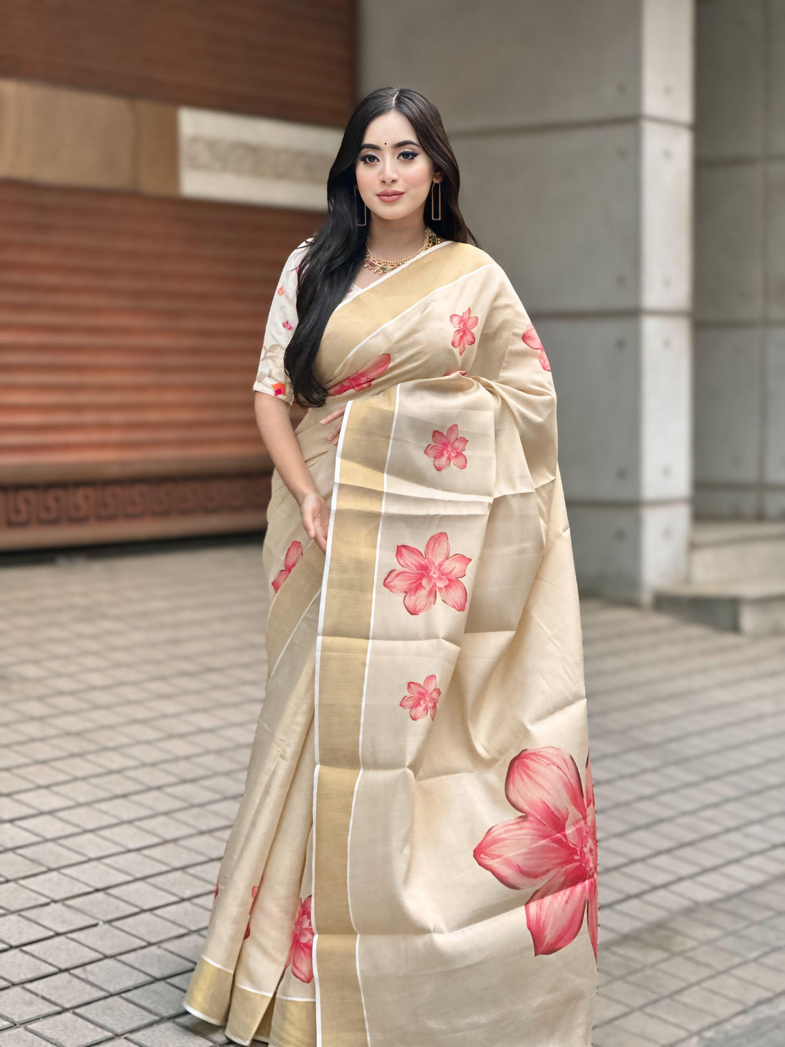 Elegant beige floral print gold tissue silk saree for women traditional indian attire with pink blossom design