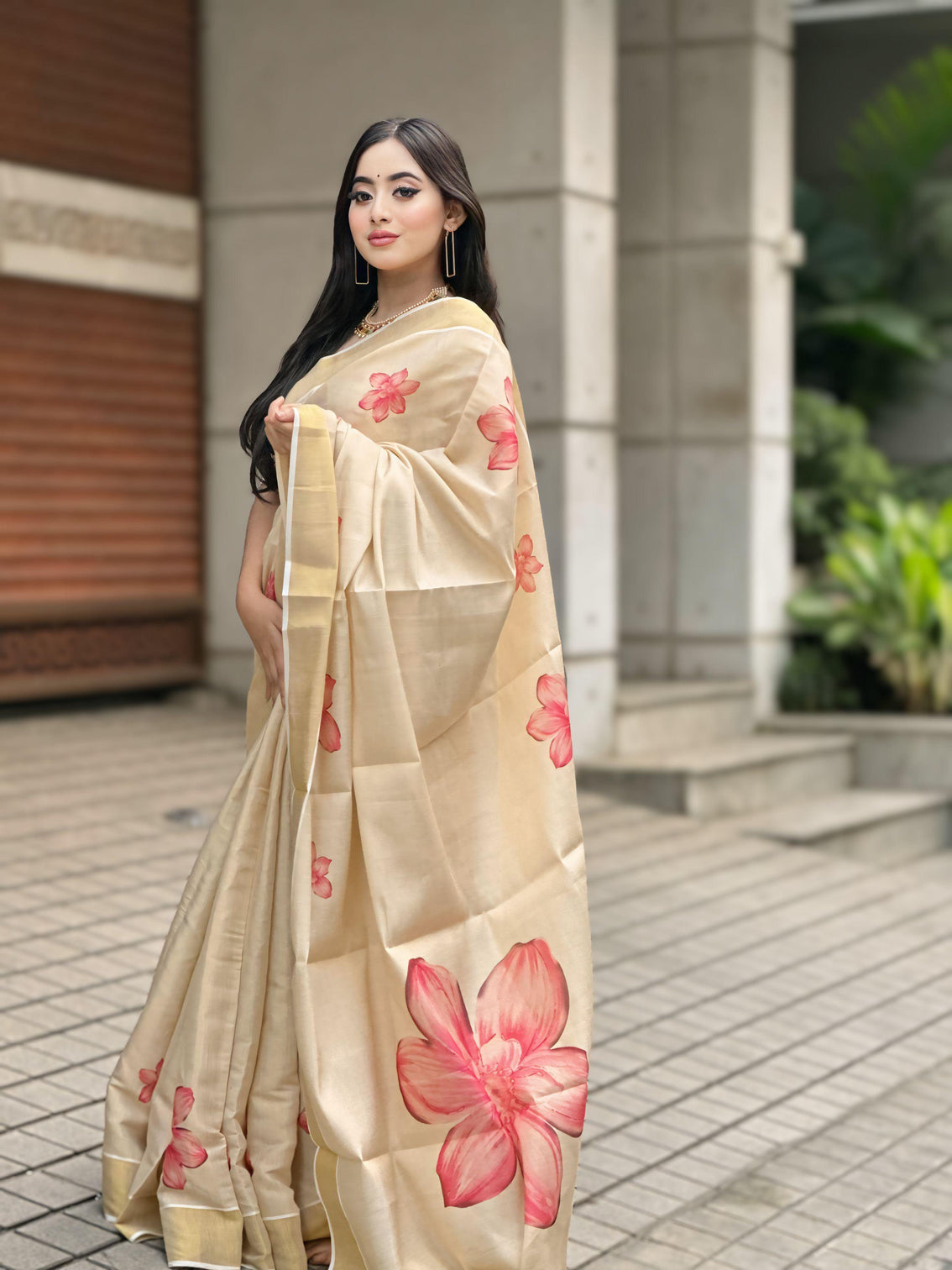 Elegant beige floral print gold tissue silk saree for women traditional indian attire with pink blossom design