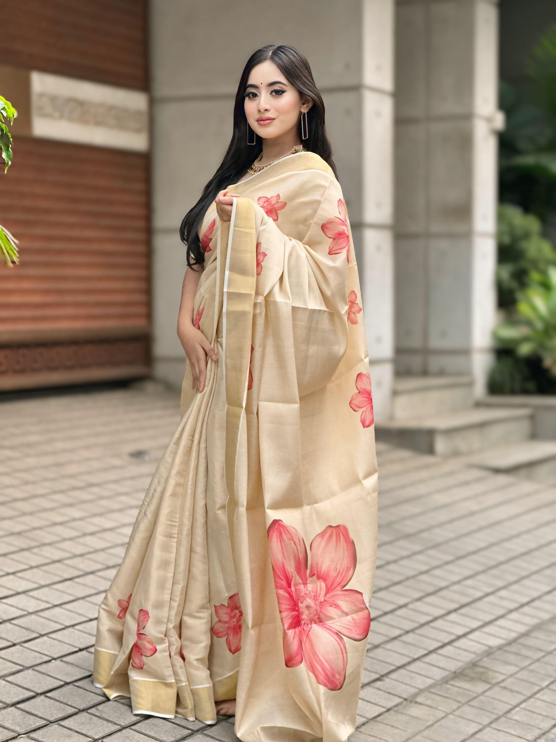 Elegant beige floral print gold tissue silk saree for women traditional indian attire with pink blossom design