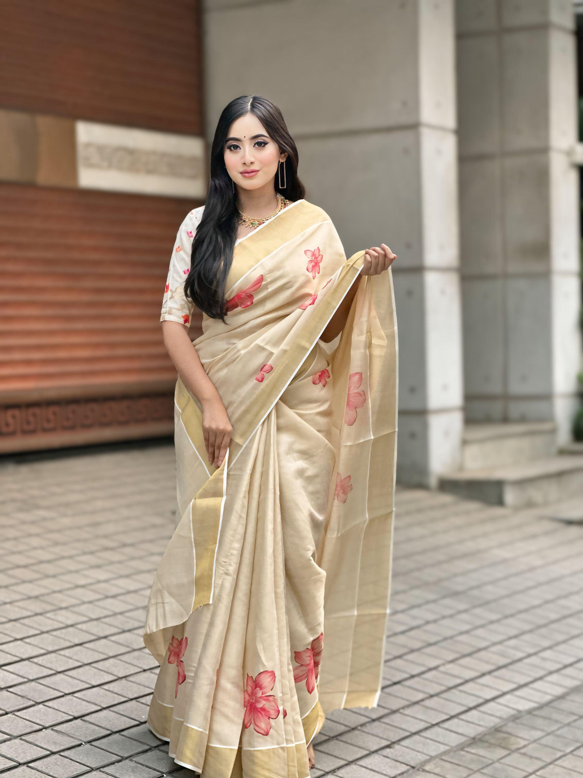 Elegant beige floral print gold tissue silk saree for women traditional indian attire with pink blossom design