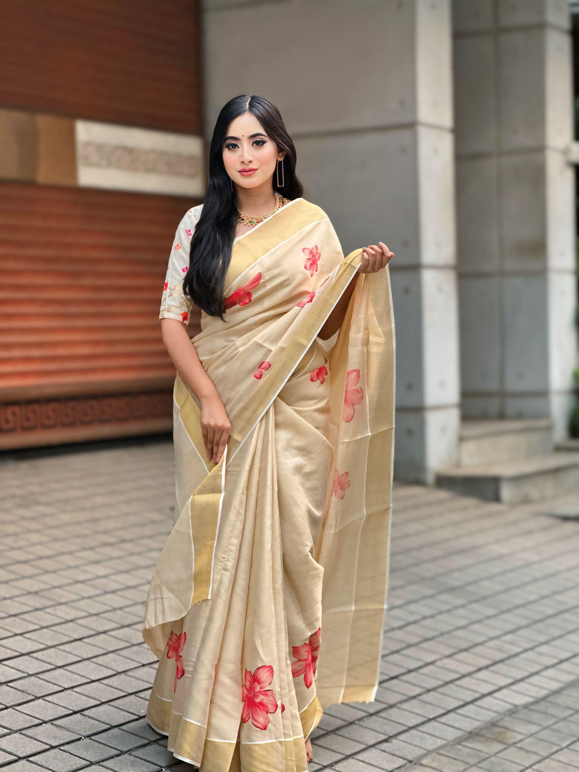 Elegant beige floral print gold tissue silk saree for women traditional indian attire with pink blossom design