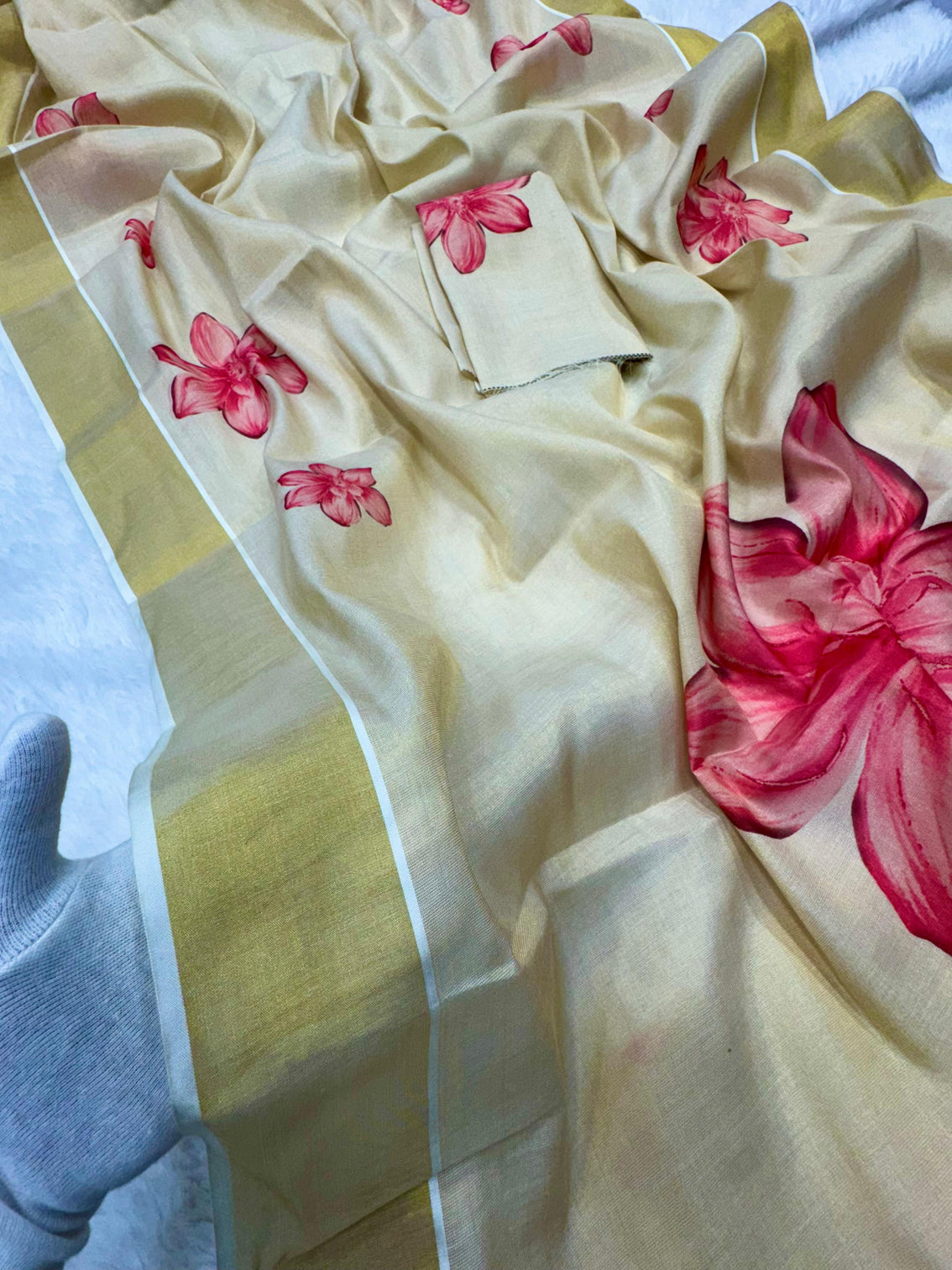 Elegant beige floral print gold tissue silk saree for women traditional indian attire with pink blossom design