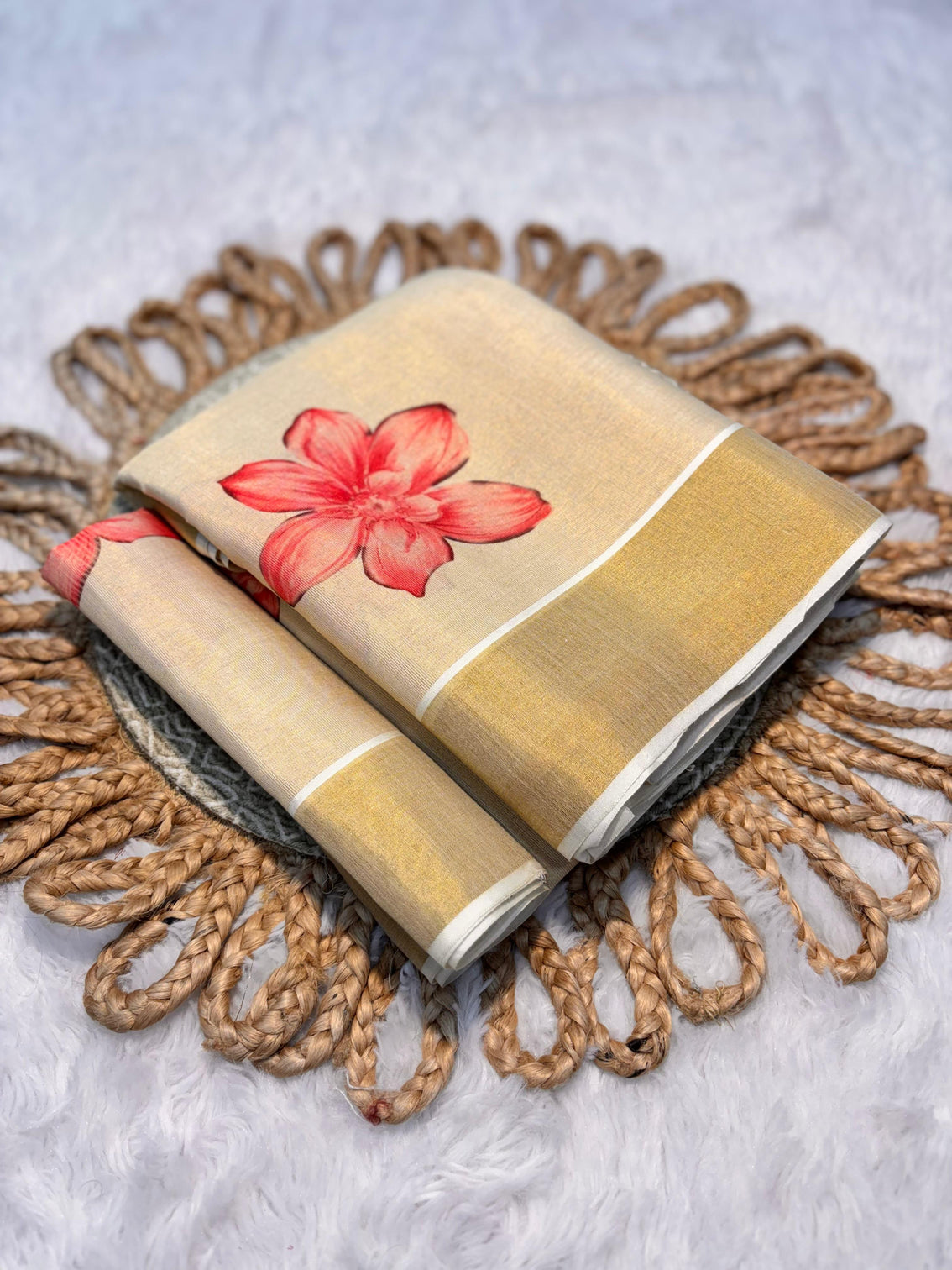 Elegant beige floral print gold tissue silk saree for women traditional indian attire with pink blossom design