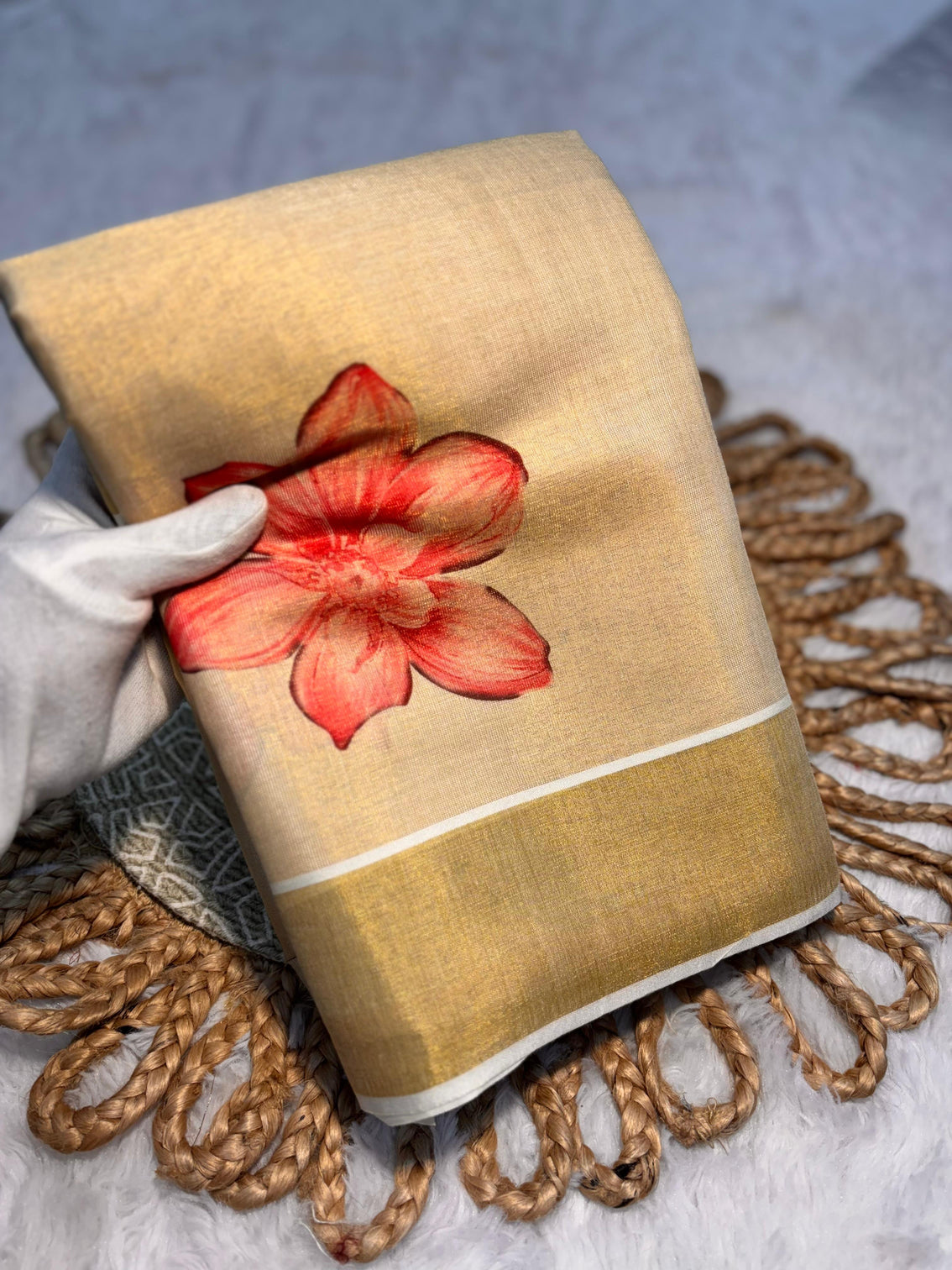 Elegant beige floral print gold tissue silk saree for women traditional indian attire with pink blossom design