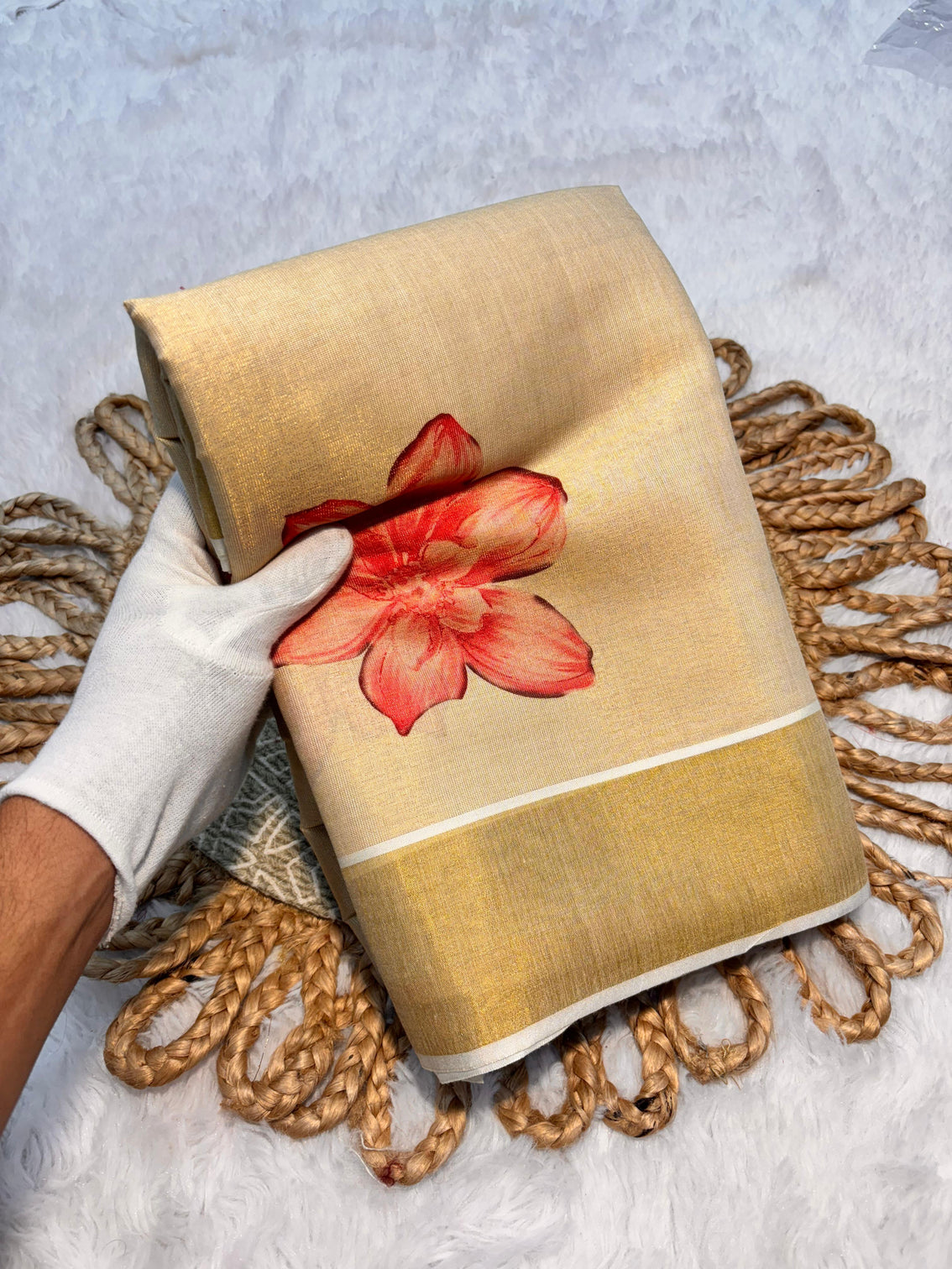 Elegant beige floral print gold tissue silk saree for women traditional indian attire with pink blossom design