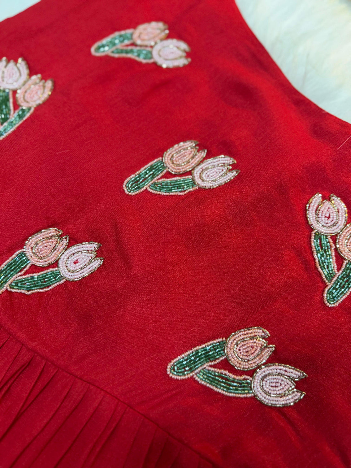 Red vichitra silk handwork maxi dress with beads kardana embroidery ethnic party wear gown