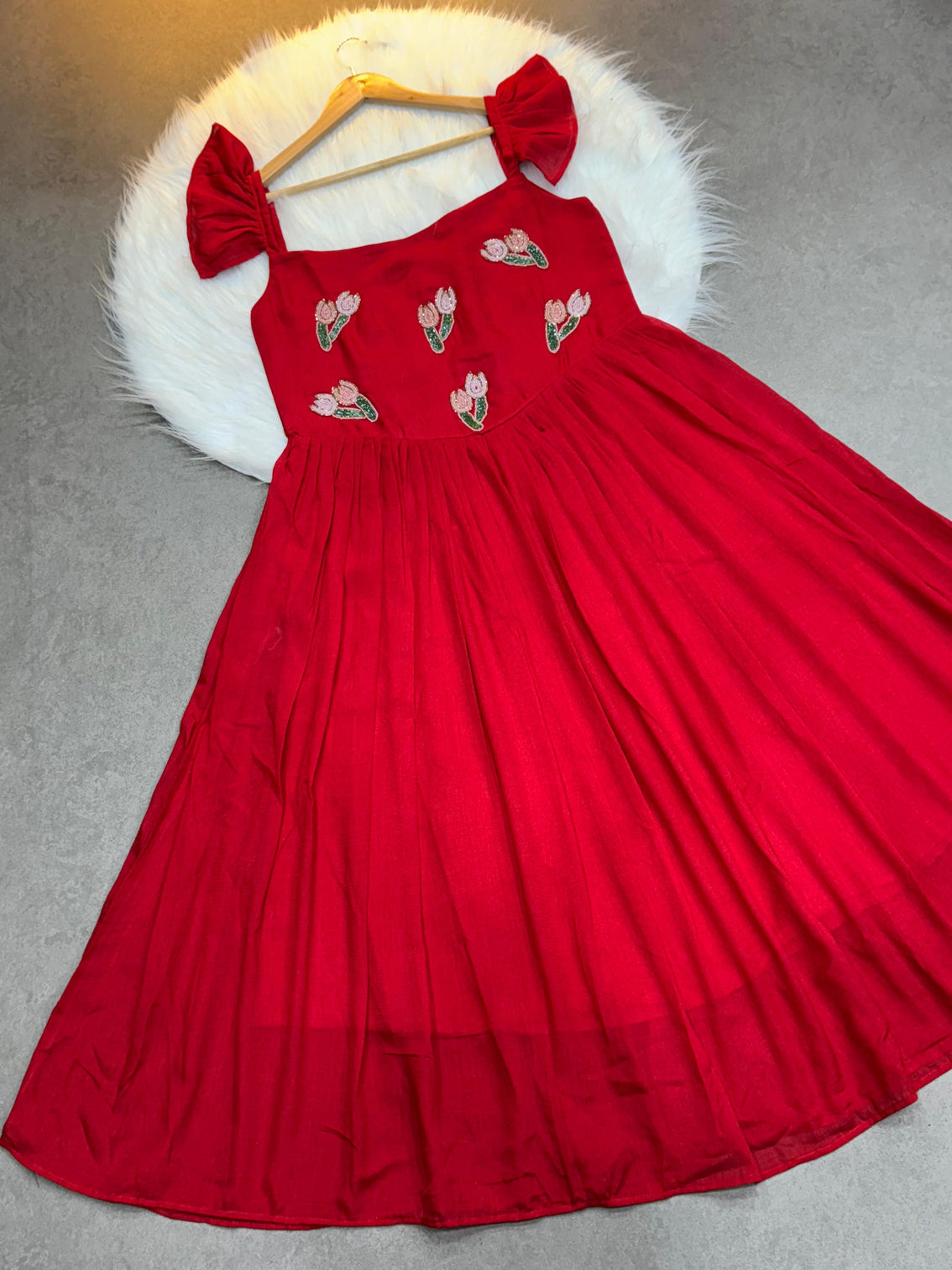 Red vichitra silk handwork maxi dress with beads kardana embroidery ethnic party wear gown