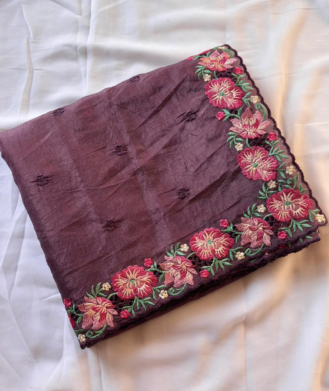 Wine Pure Crush Silk Multicolor Floral Designer Embroidered Saree