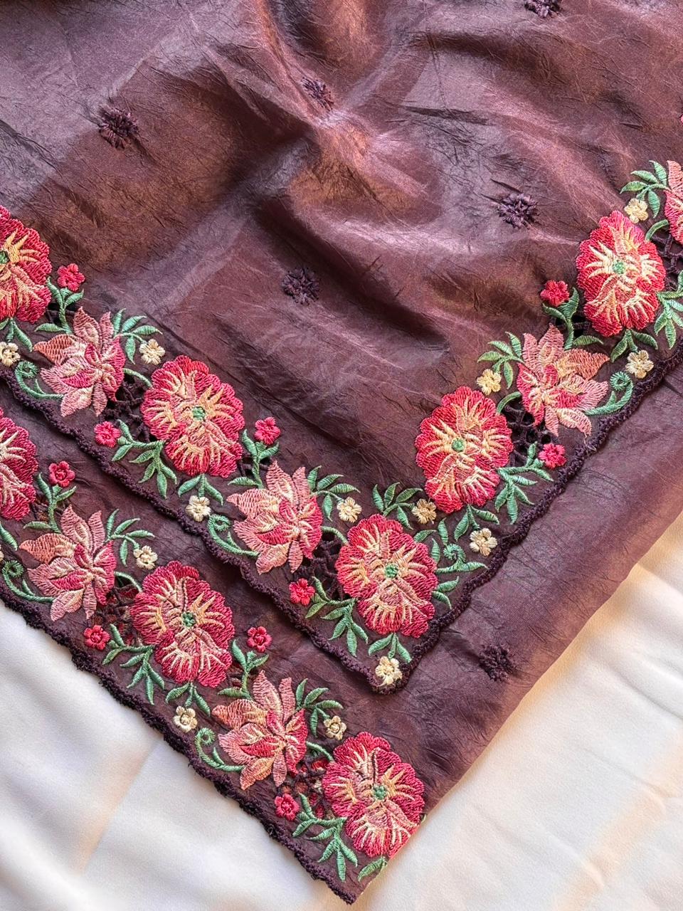 Wine pure crush silk multicolor floral designer embroidered saree