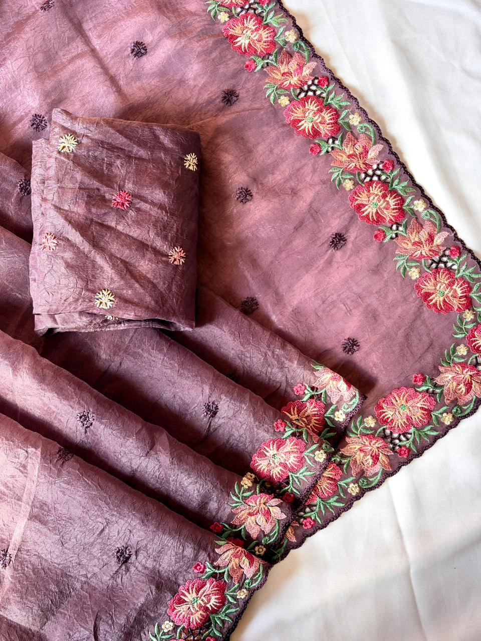 Wine pure crush silk multicolor floral designer embroidered saree