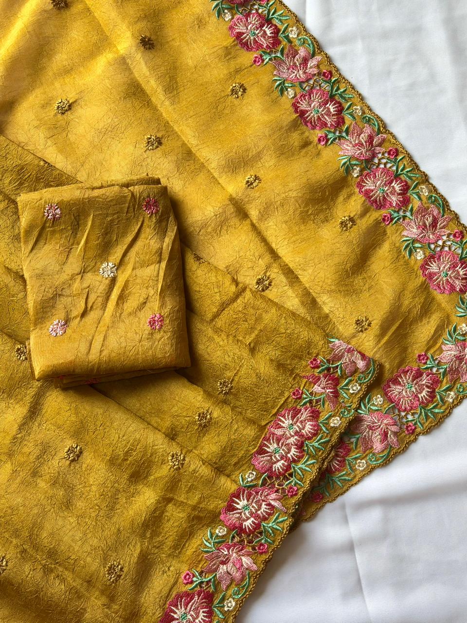 Mustard pure crush silk multicolor floral designer embroidered saree