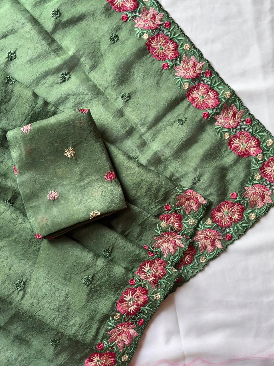 Green pure crush silk multicolor floral designer embroidered saree