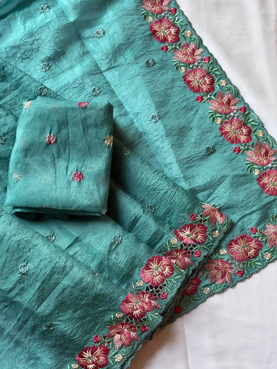 Teal blue pure crush silk multicolor floral designer embroidered saree