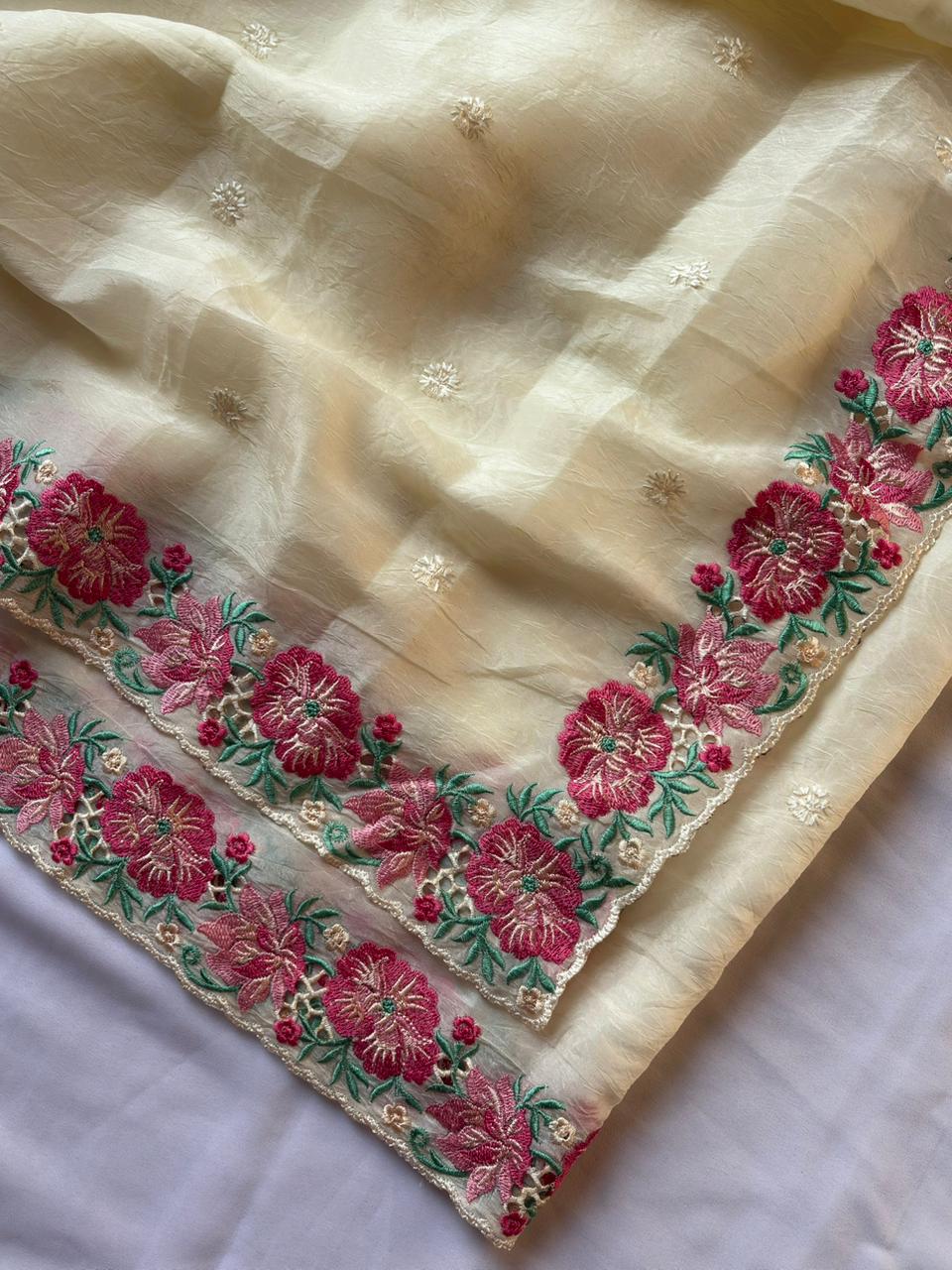 White pure crush silk multicolor floral designer embroidered saree