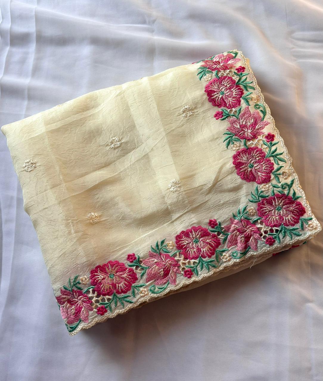 White Pure Crush Silk Multicolor Floral Designer Embroidered Saree